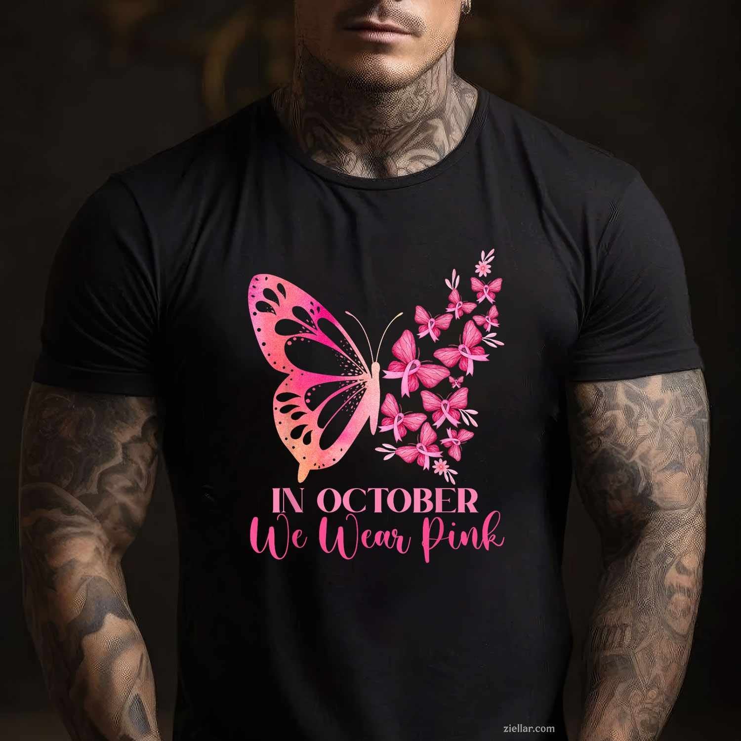 In October We Wear Pink Butterfly Breast Cancer Awareness Funny Graphic Tee and T-Shirt Gift for Adults Men Women Unisex