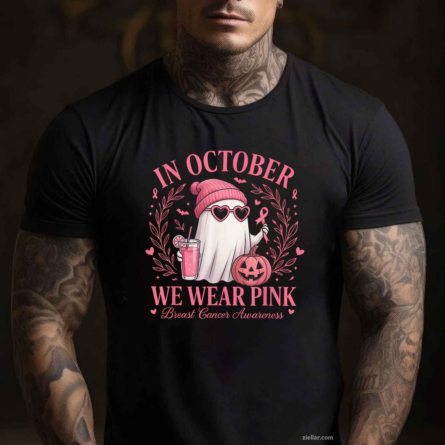 In October We Wear Pink Breast Cancer Awareness Halloween Funny Graphic Tee and T-Shirt Gift for Adults Men Women Unisex