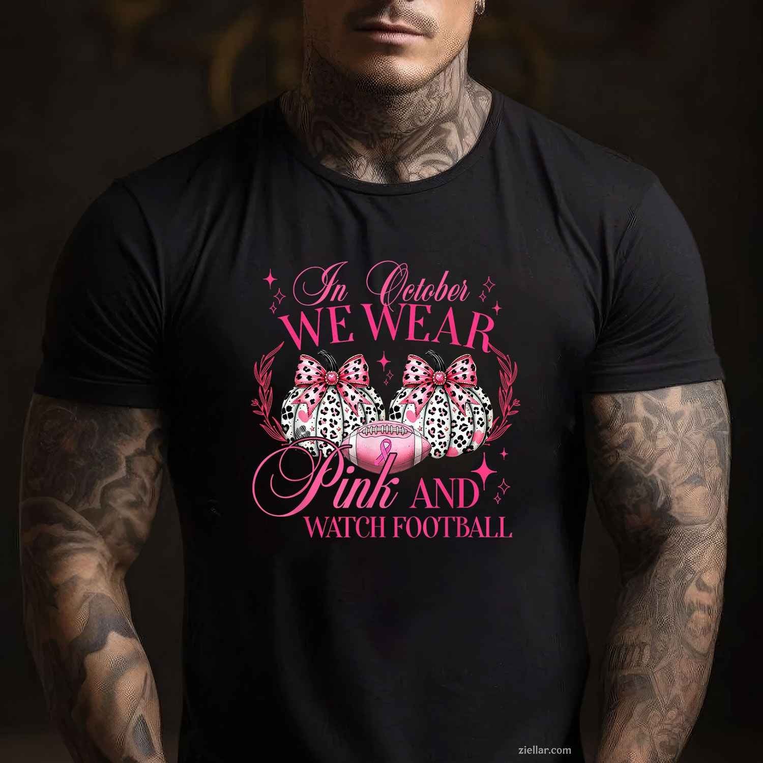 In October We Wear Pink And Watch Football Funny Graphic Tee and T-Shirt Gift for Adults Men Women Unisex