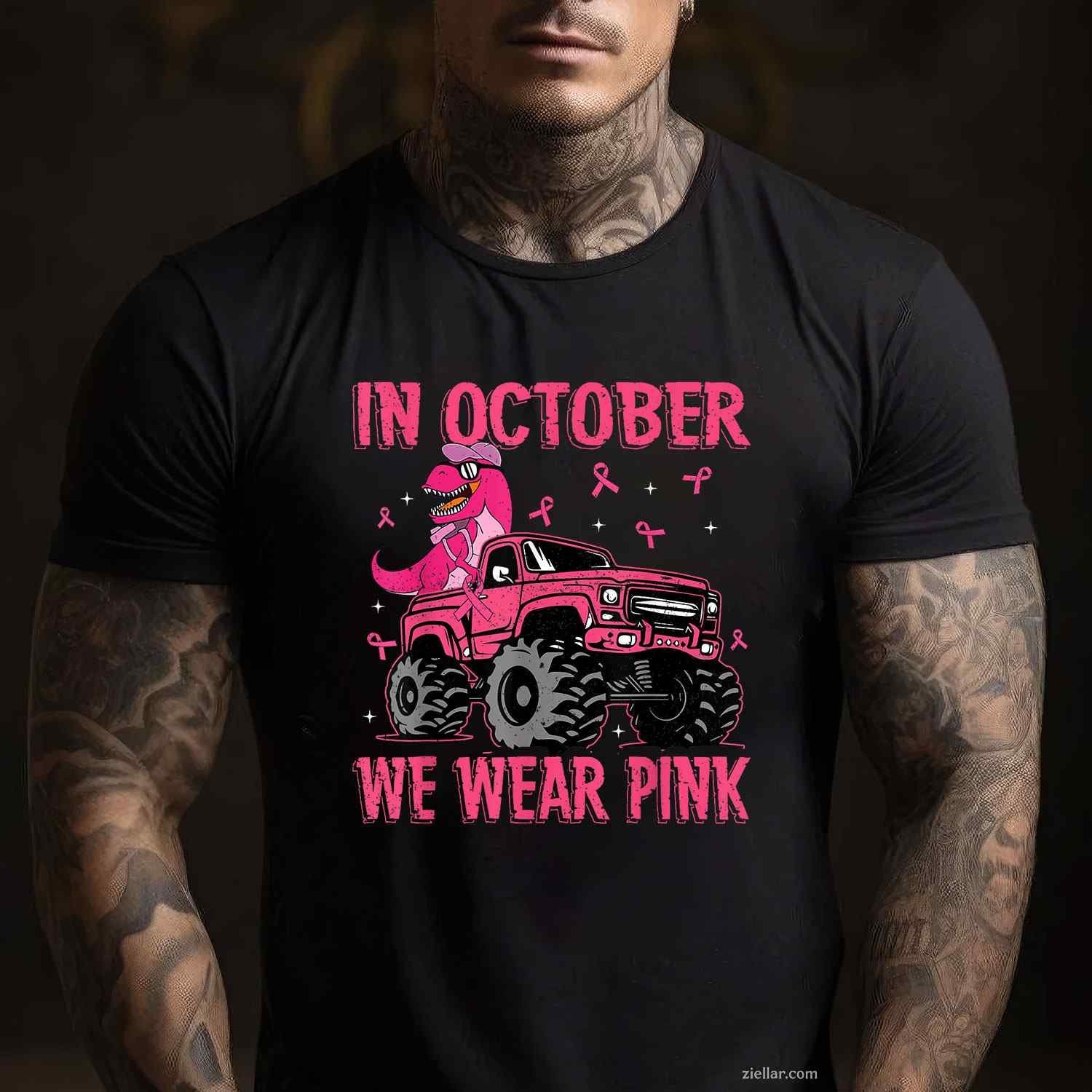In October We Wear Pink Breast Cancer Trex Dino Kids Toddler Funny Graphic Tee and T-Shirt Gift for Adults Men Women Unisex