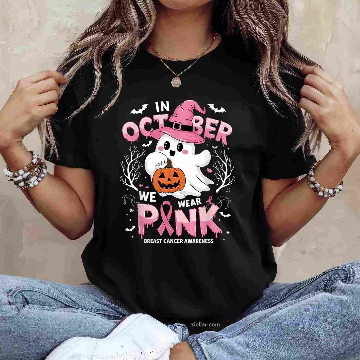 In October We Wear Pink shirt Ghost Breast Cancer Awareness Funny Graphic Tee and T-Shirt Gift for Adults Men Women Unisex