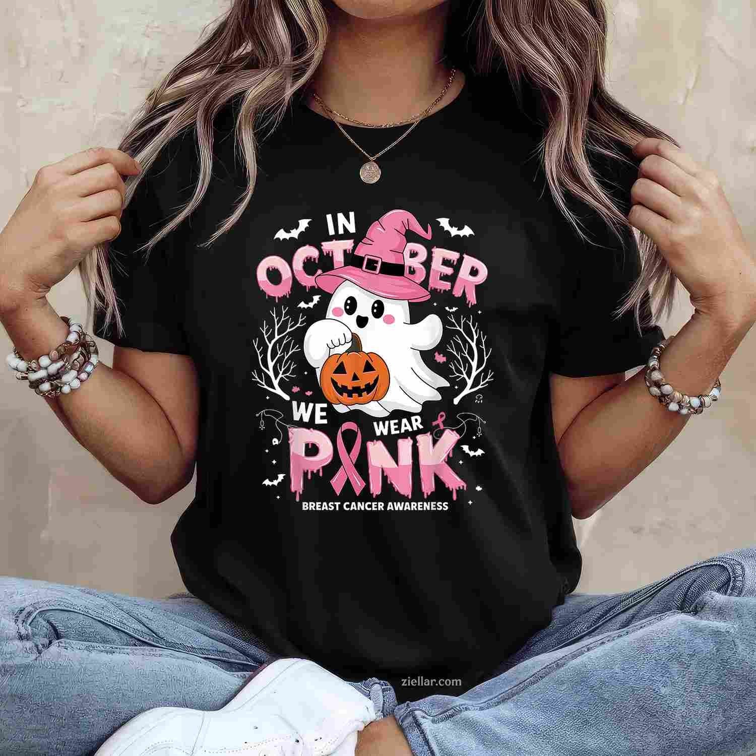 In October We Wear Pink shirt Ghost Breast Cancer Awareness Funny Graphic Tee and T-Shirt Gift for Adults Men Women Unisex