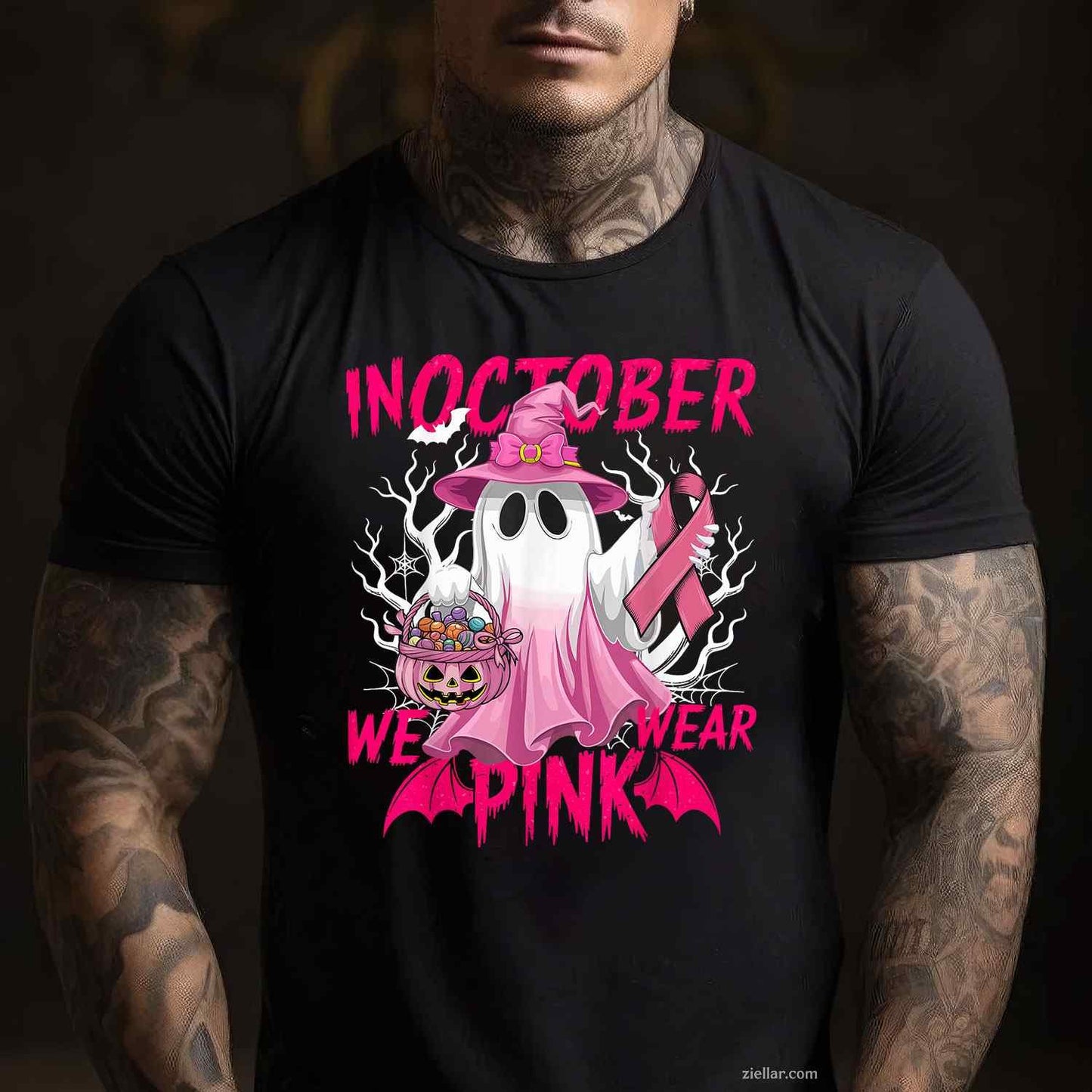 In October We Wear Pink  Breast Cancer Awareness Ghost Funny Graphic Tee and T-Shirt Gift for Adults Men Women Unisex