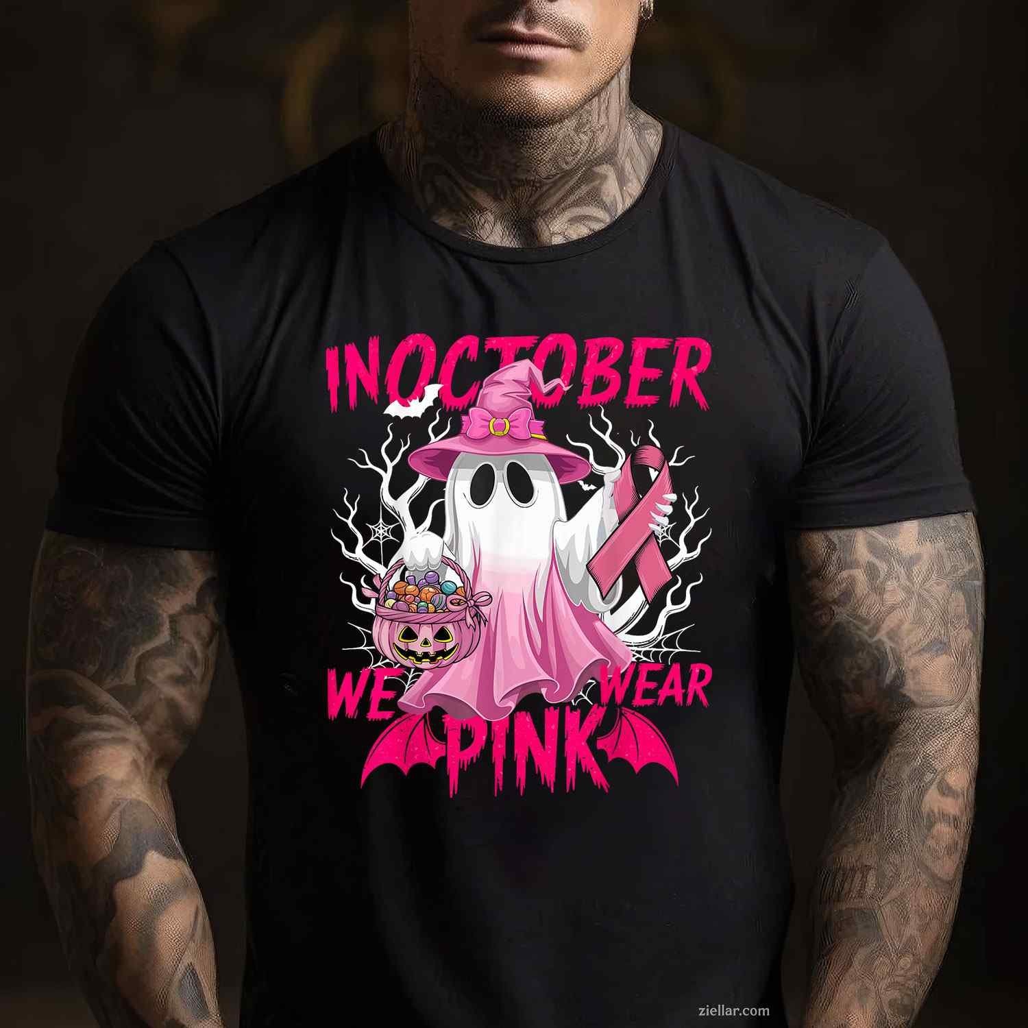 In October We Wear Pink  Breast Cancer Awareness Ghost Funny Graphic Tee and T-Shirt Gift for Adults Men Women Unisex