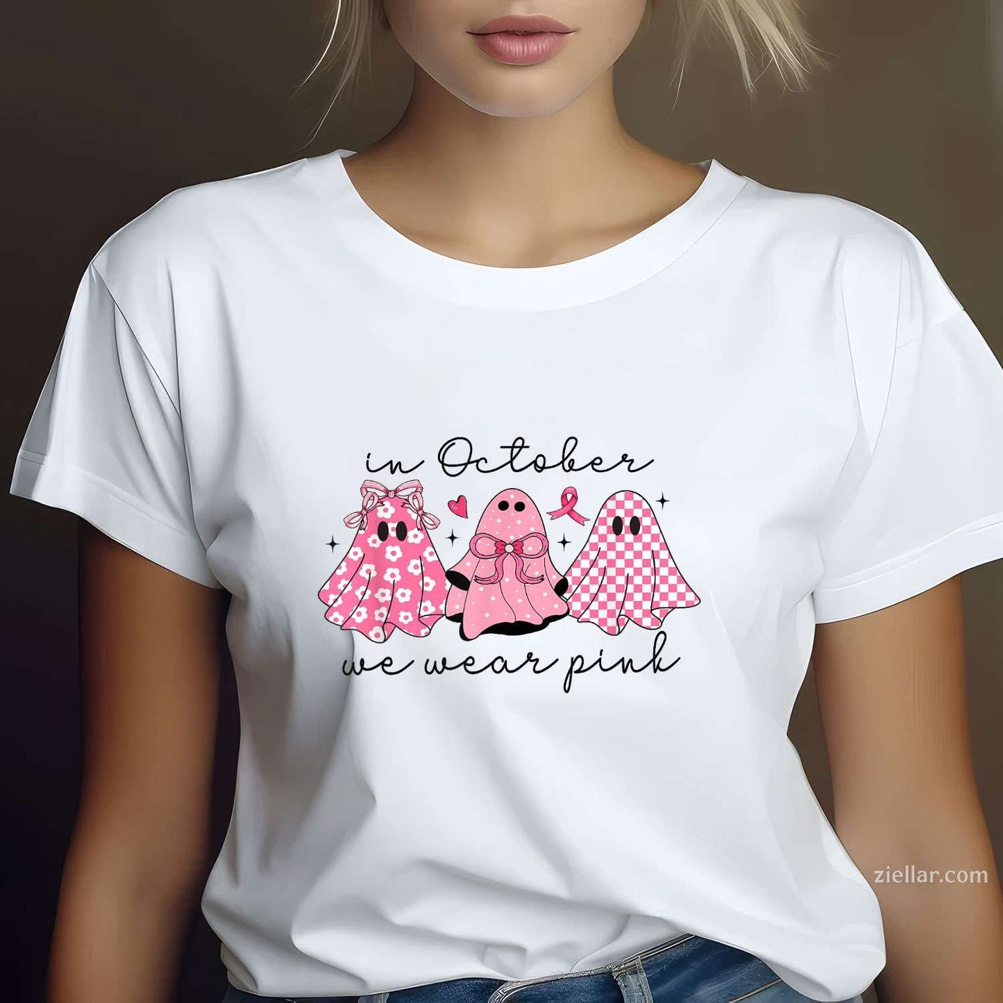 In October We Wear Pink Cute Ghost Women's Funny Graphic Tee and T-Shirt Gift for Adults Men Women Unisex