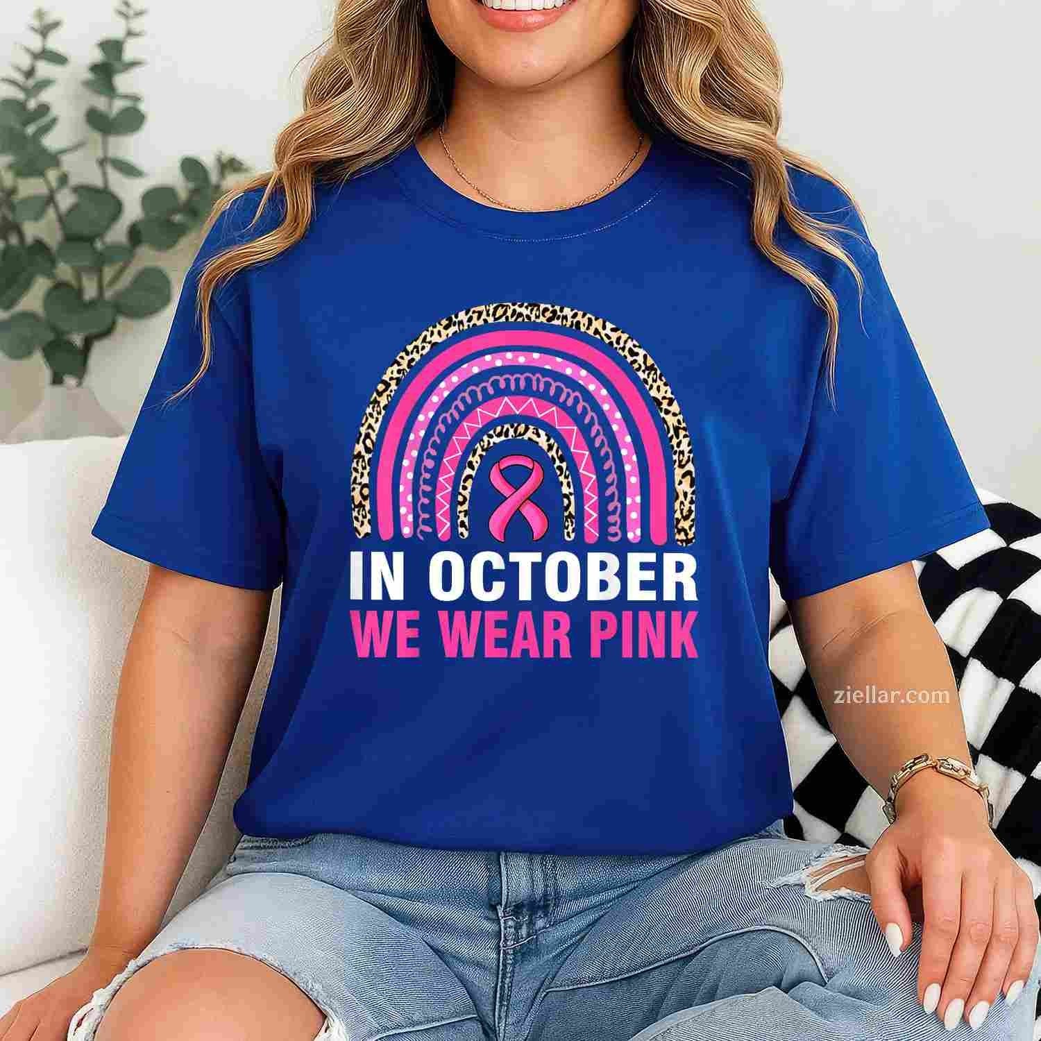 In October We Wear Pink Leopard Breast Cancer Awareness Funny Graphic Tee and T-Shirt Gift for Adults Men Women Unisex