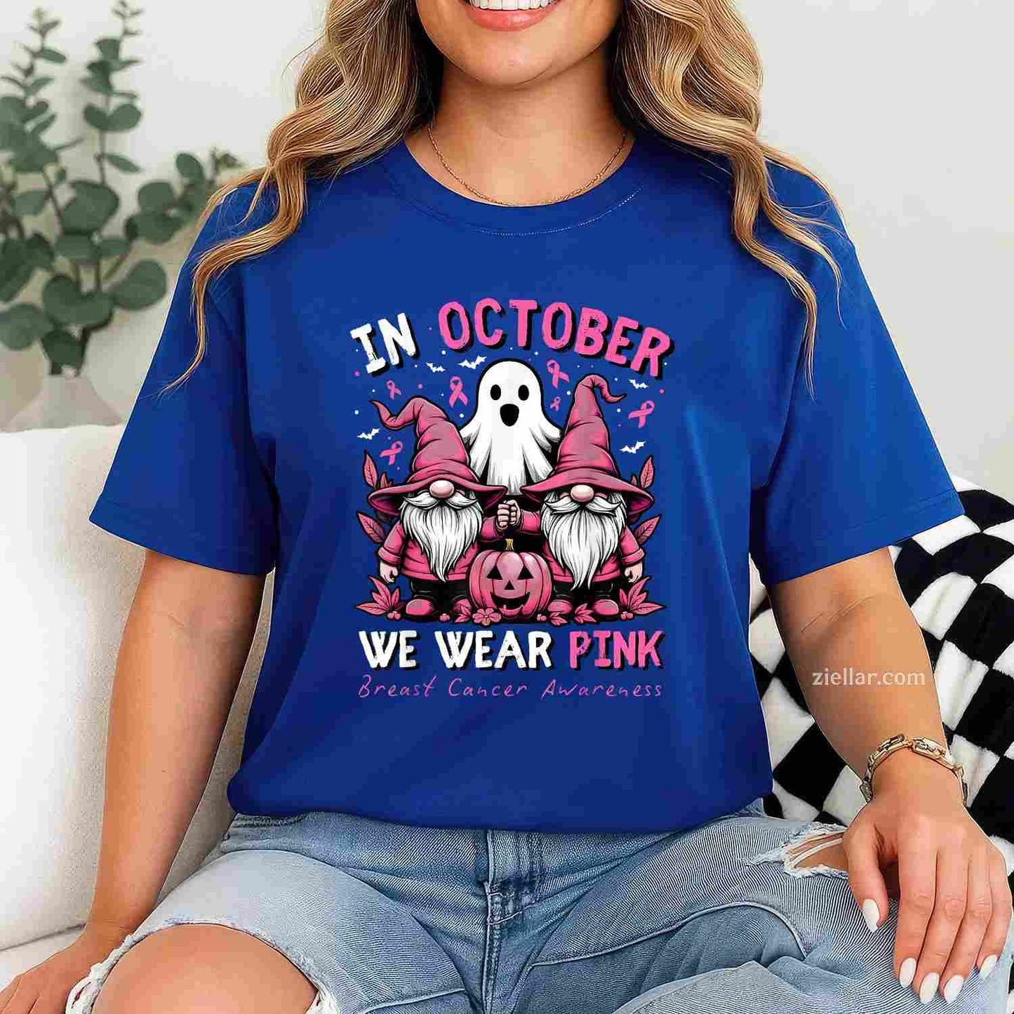 In October We Wear Pink Ghost Gnomes Breast Cancer Awareness Funny Graphic Tee and T-Shirt Gift for Adults Men Women Unisex