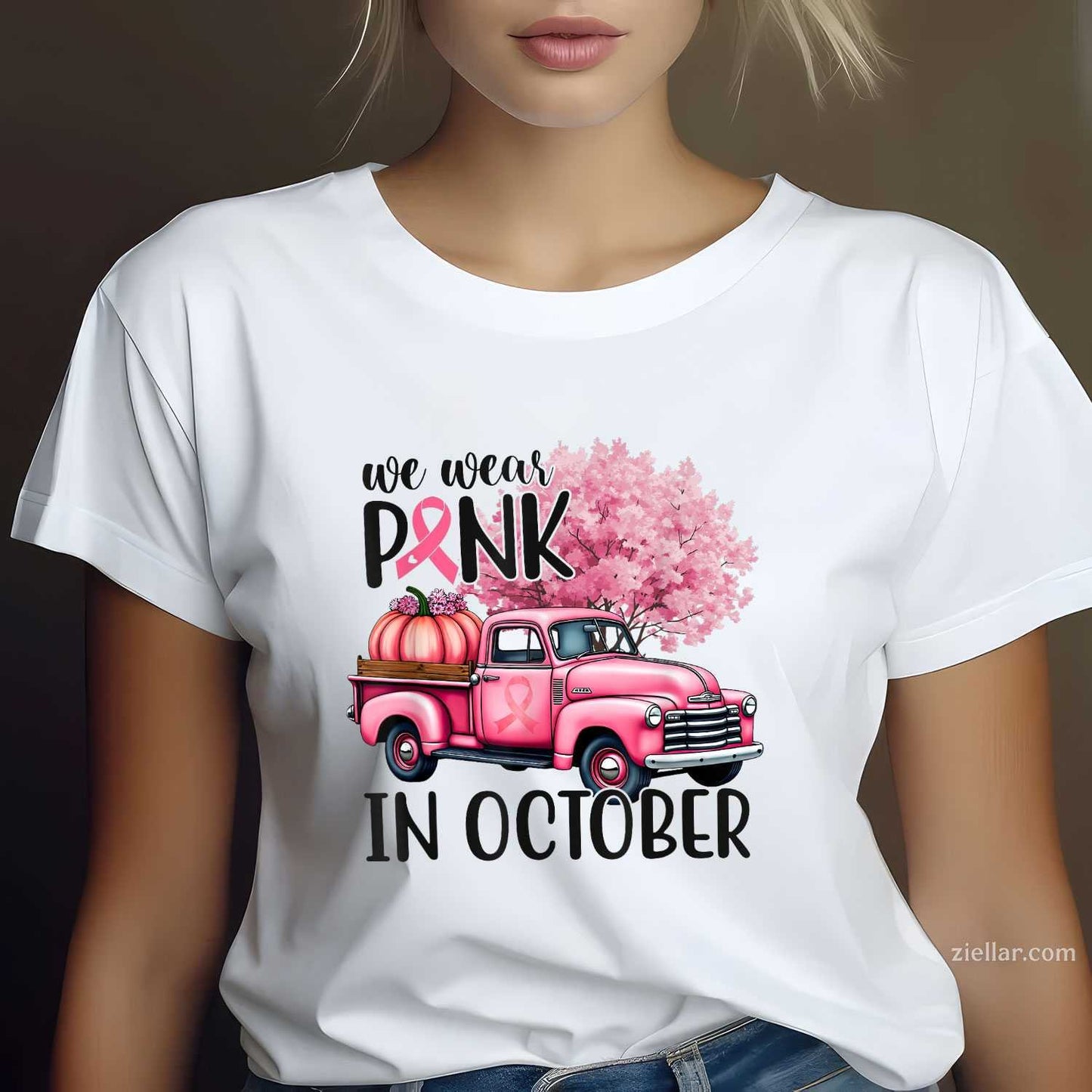 In October We Wear Pink Truck Breast Cancer s for Women Funny Graphic Tee and T-Shirt Gift for Adults Men Women Unisex