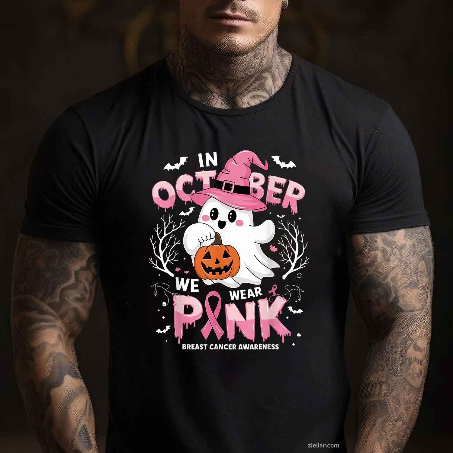 In October We Wear Pink shirt Ghost Breast Cancer Awareness Funny Graphic Tee and T-Shirt Gift for Adults Men Women Unisex
