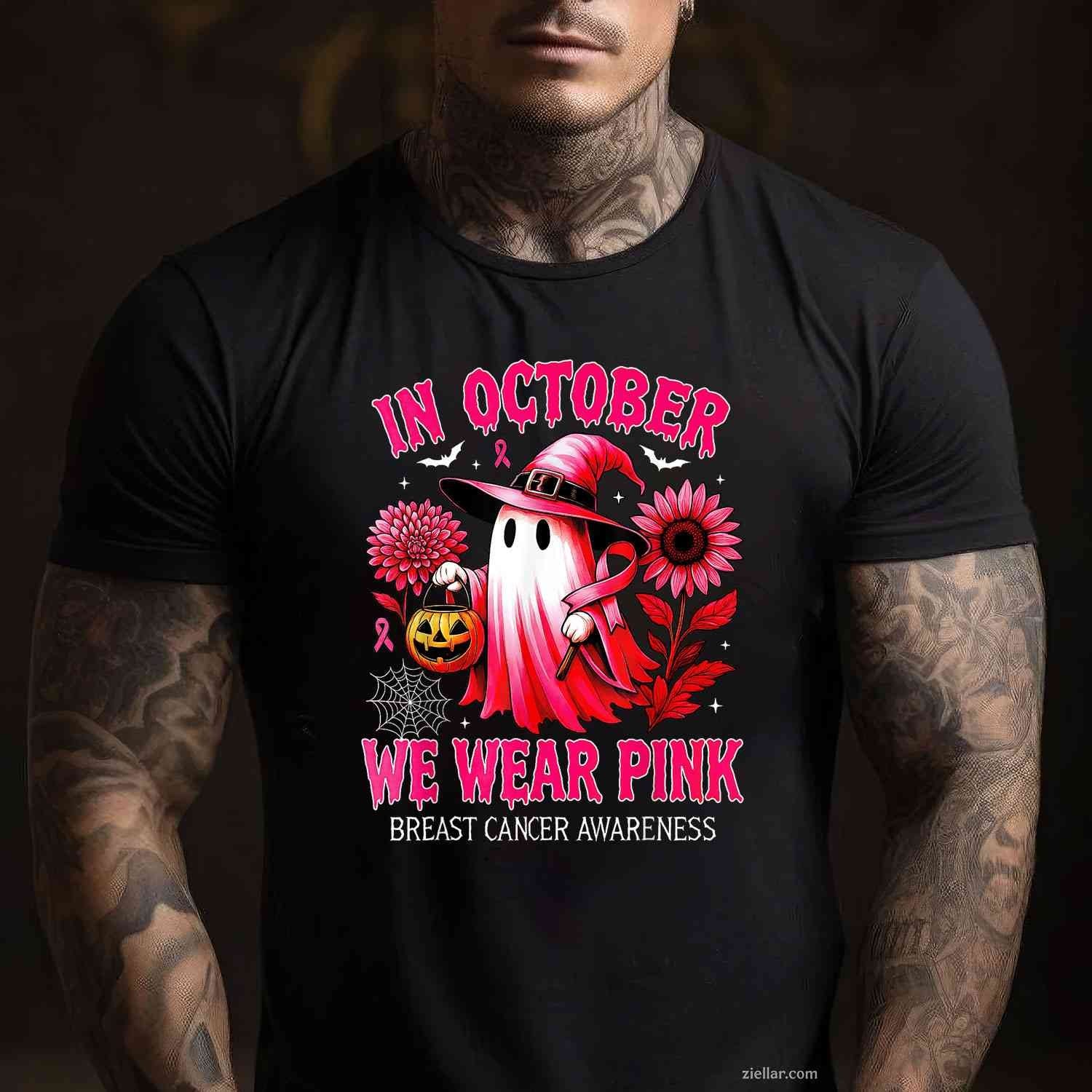 In October We Wear Pink Halloween  Ghost Breast Cancer Funny Graphic Tee and T-Shirt Gift for Adults Men Women Unisex