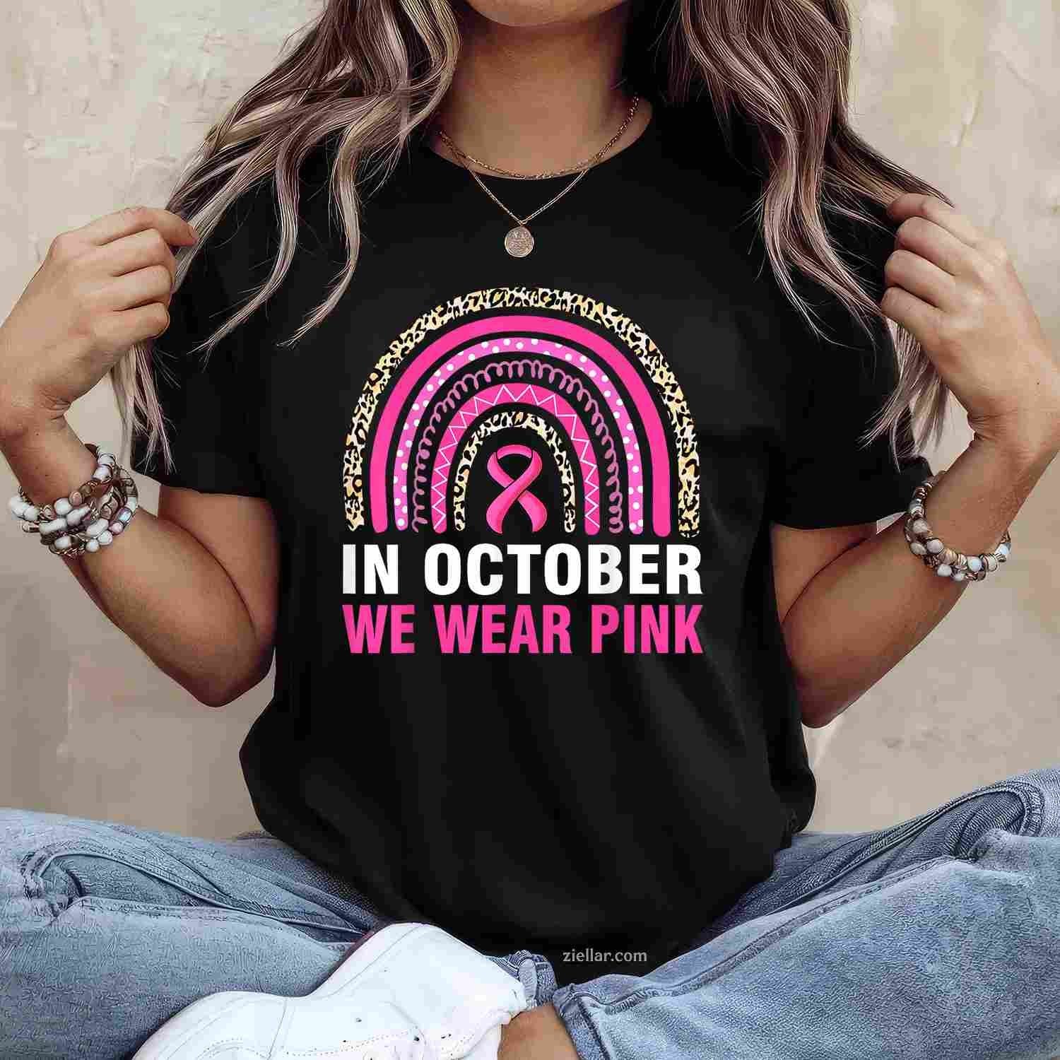In October We Wear Pink Leopard Breast Cancer Awareness Funny Graphic Tee and T-Shirt Gift for Adults Men Women Unisex