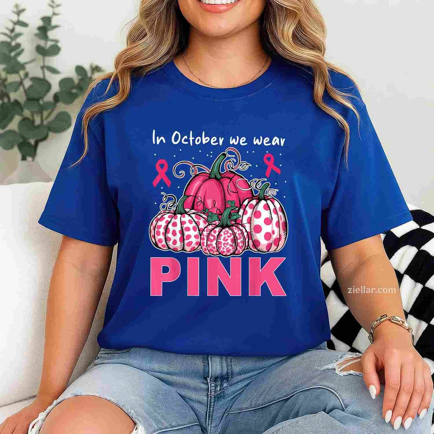 In October We Wear Pink Pumpkin Breast Cancer Awareness Funny Graphic Tee and T-Shirt Gift for Adults Men Women Unisex