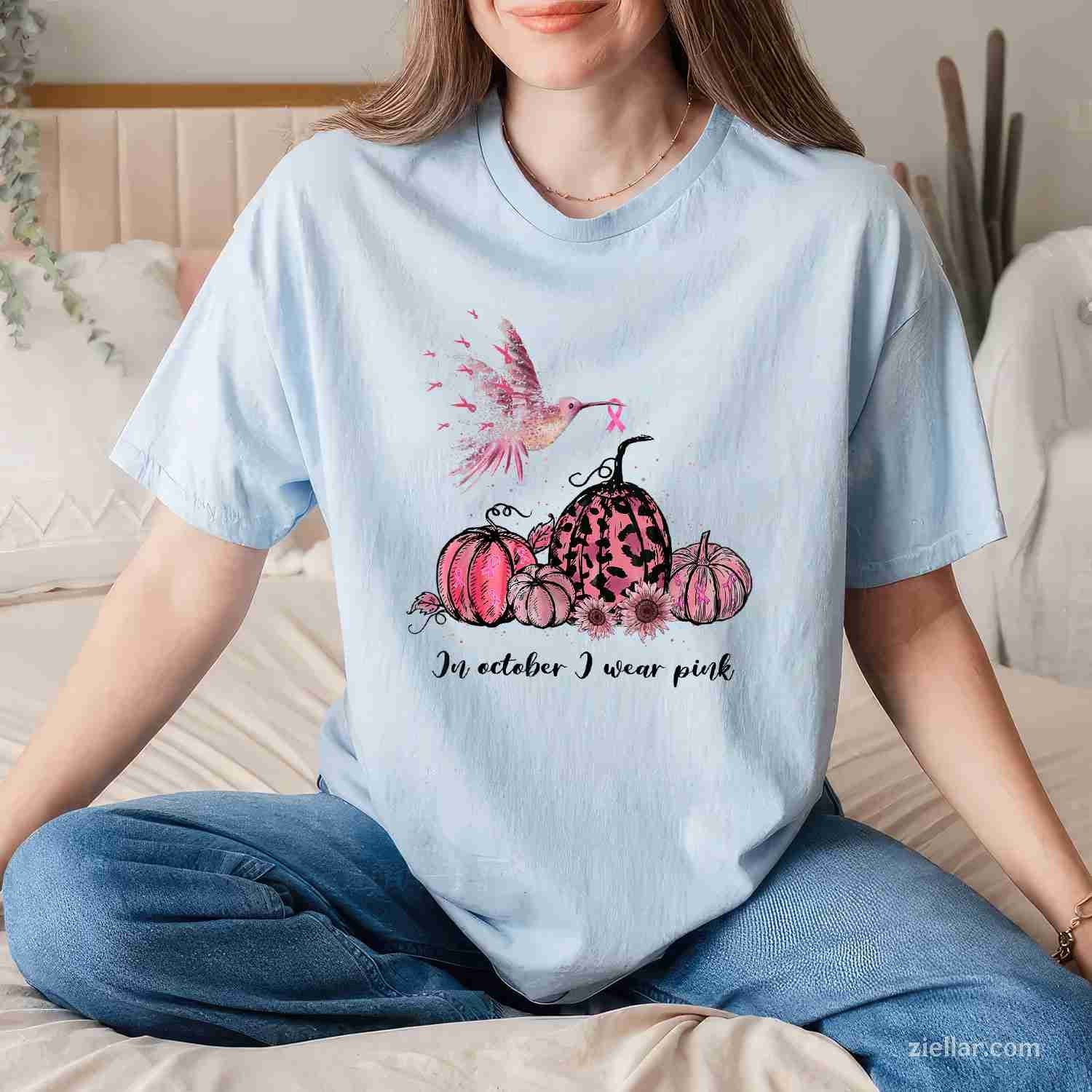 In October We Wear Pink Hummingbird Breast Cancer Awareness Funny Graphic Tee and T-Shirt Gift for Adults Men Women Unisex