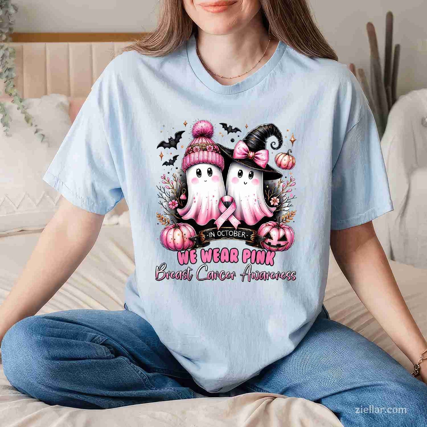 In October We Wear Pink Ghost Witch Breast Cancer Awareness Funny Graphic Tee and T-Shirt Gift for Adults Men Women Unisex