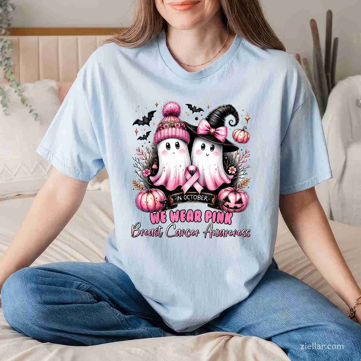 In October We Wear Pink Ghost Witch Breast Cancer Awareness Funny Graphic Tee and T-Shirt Gift for Adults Men Women Unisex