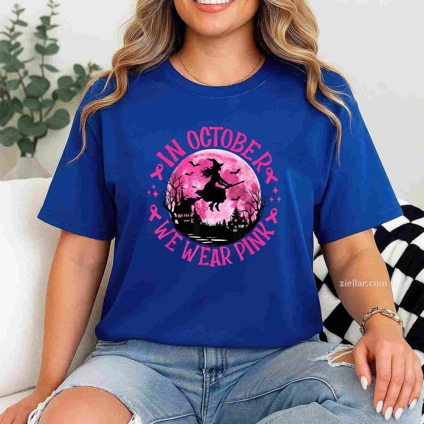 In October We Wear Pink Witch Breast Cancer Awareness Women Funny Graphic Tee and T-Shirt Gift for Adults Men Women Unisex