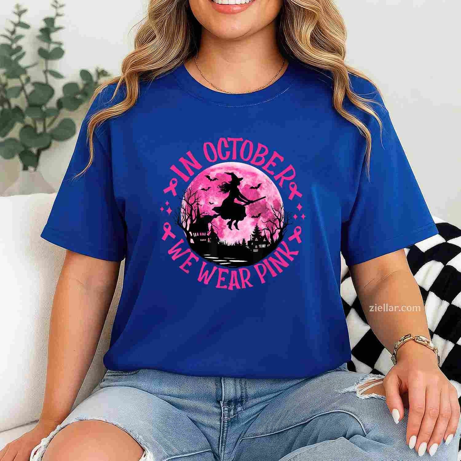In October We Wear Pink Witch Breast Cancer Awareness Women Funny Graphic Tee and T-Shirt Gift for Adults Men Women Unisex