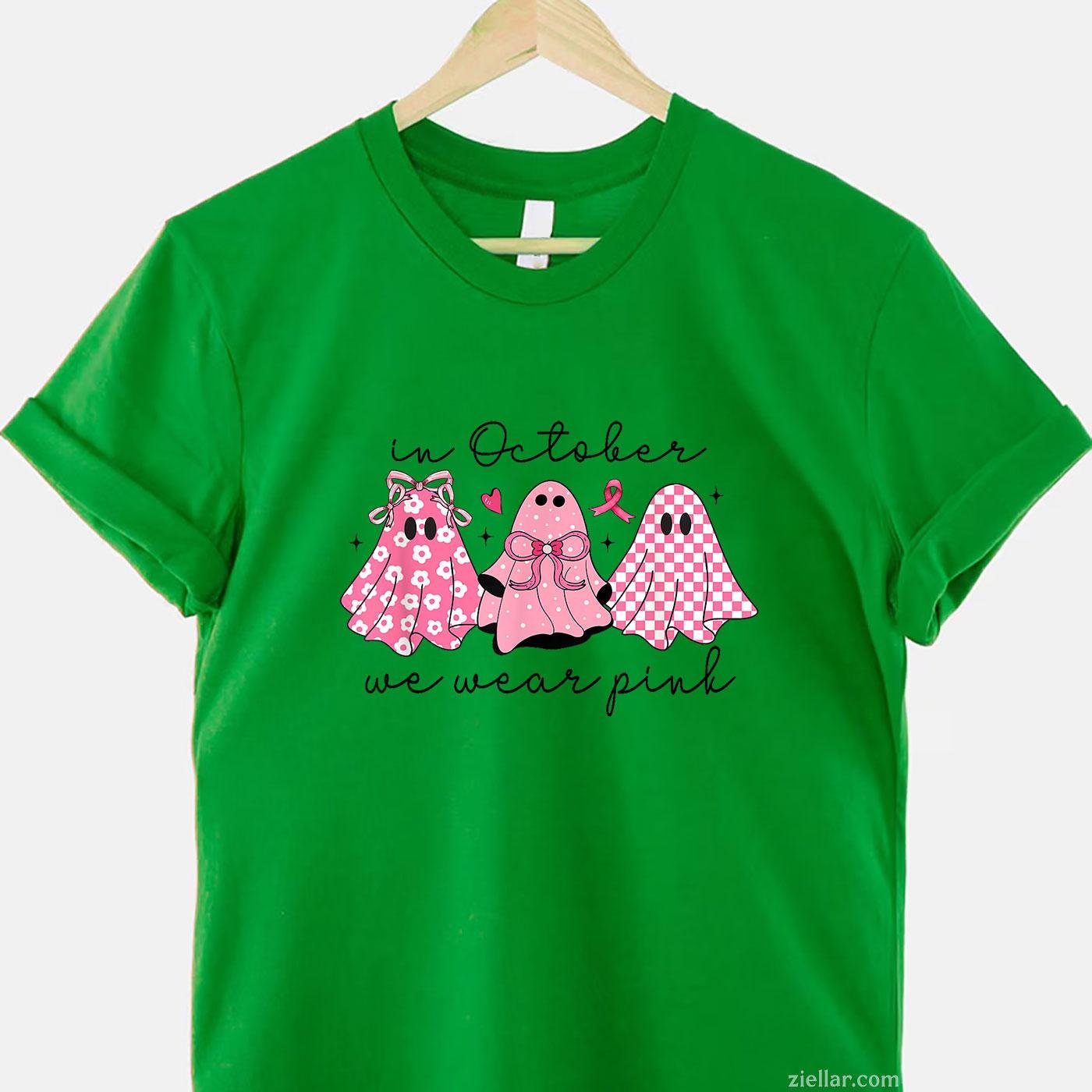 In October We Wear Pink Cute Ghost Women's Funny Graphic Tee and T-Shirt Gift for Adults Men Women Unisex