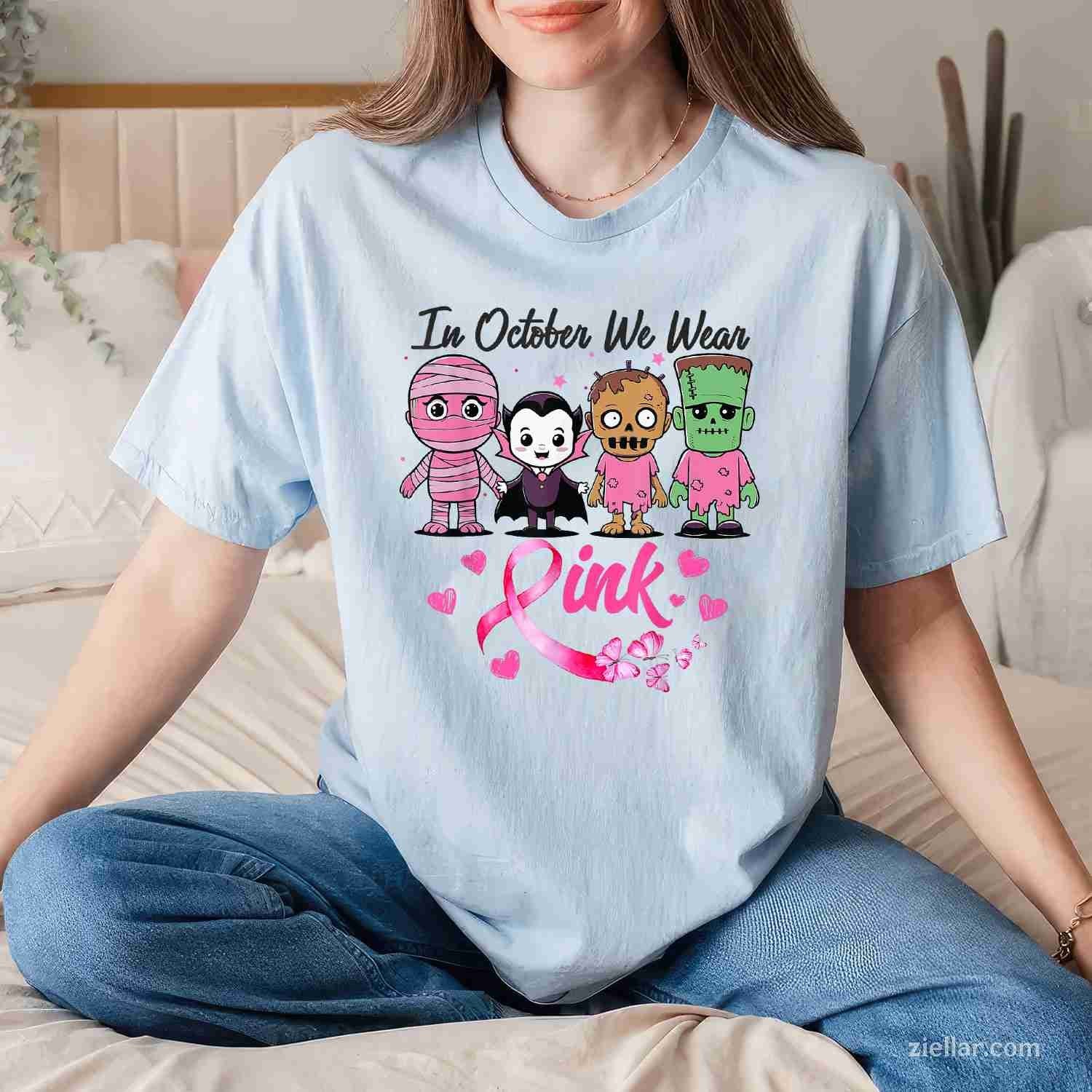 In October we wear pink halloween Funny Graphic Tee and T-Shirt Gift for Adults Men Women Unisex