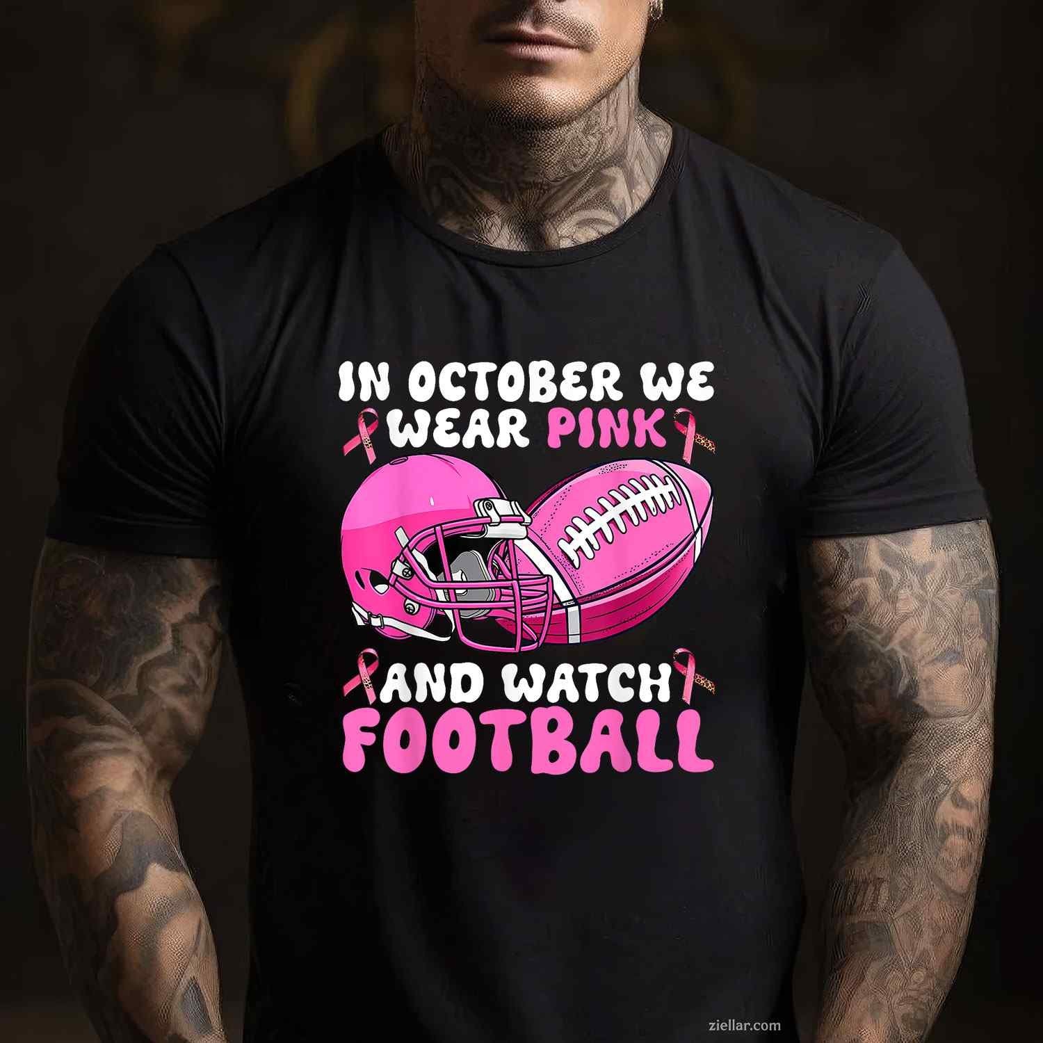 In October We Wear Pink Football Breast Cancer Awareness Funny Graphic Tee and T-Shirt Gift for Adults Men Women Unisex