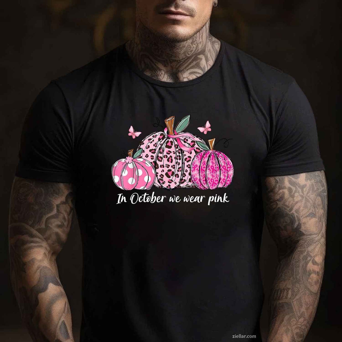 In October We Wear Pink Pumpkins Breast Cancer Awareness Funny Graphic Tee and T-Shirt Gift for Adults Men Women Unisex