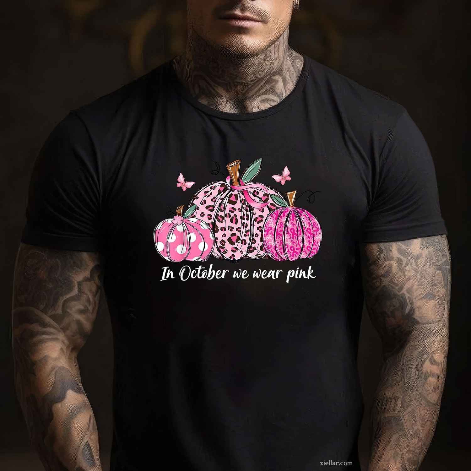 In October We Wear Pink Pumpkins Breast Cancer Awareness Funny Graphic Tee and T-Shirt Gift for Adults Men Women Unisex