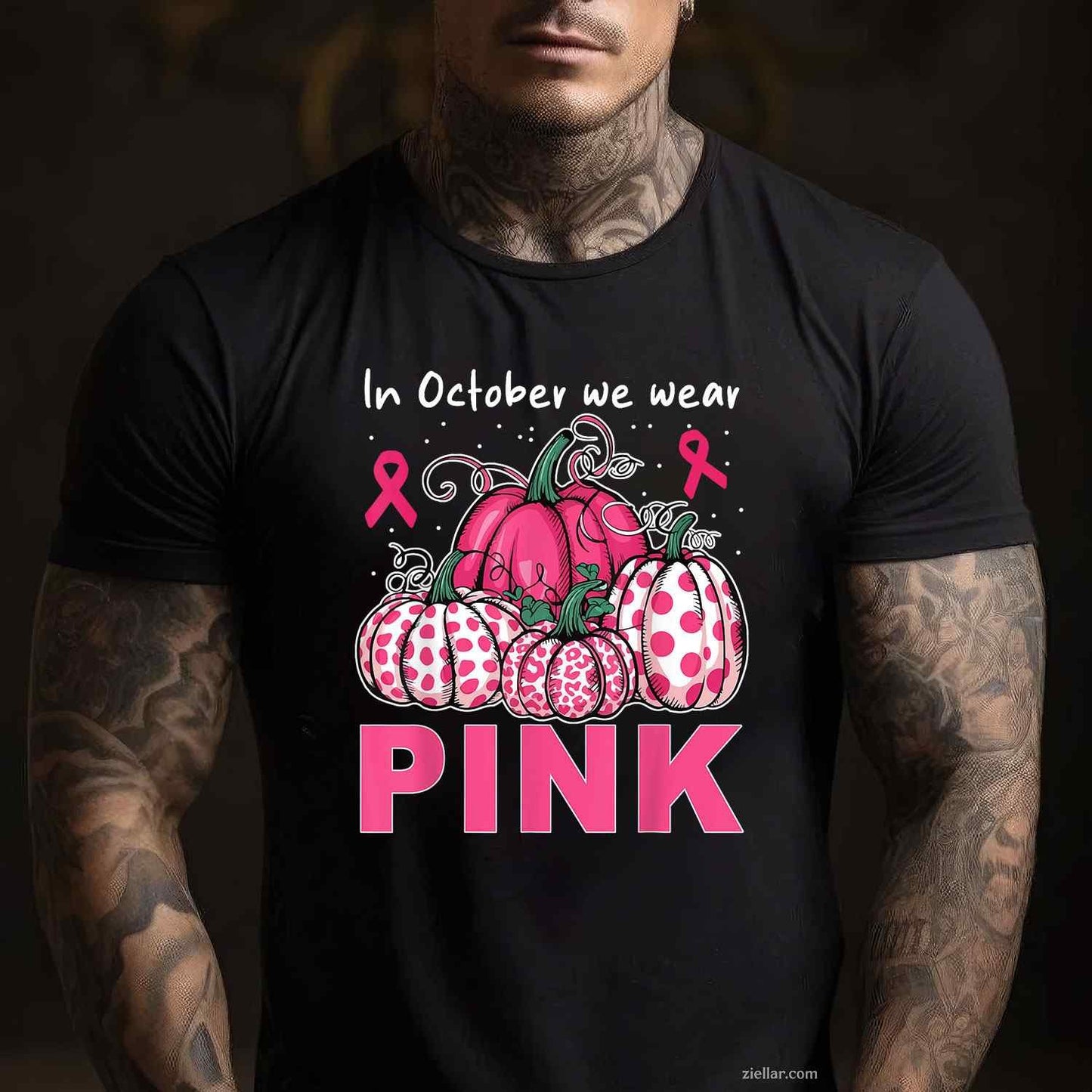 In October We Wear Pink Pumpkin Breast Cancer Awareness Funny Graphic Tee and T-Shirt Gift for Adults Men Women Unisex