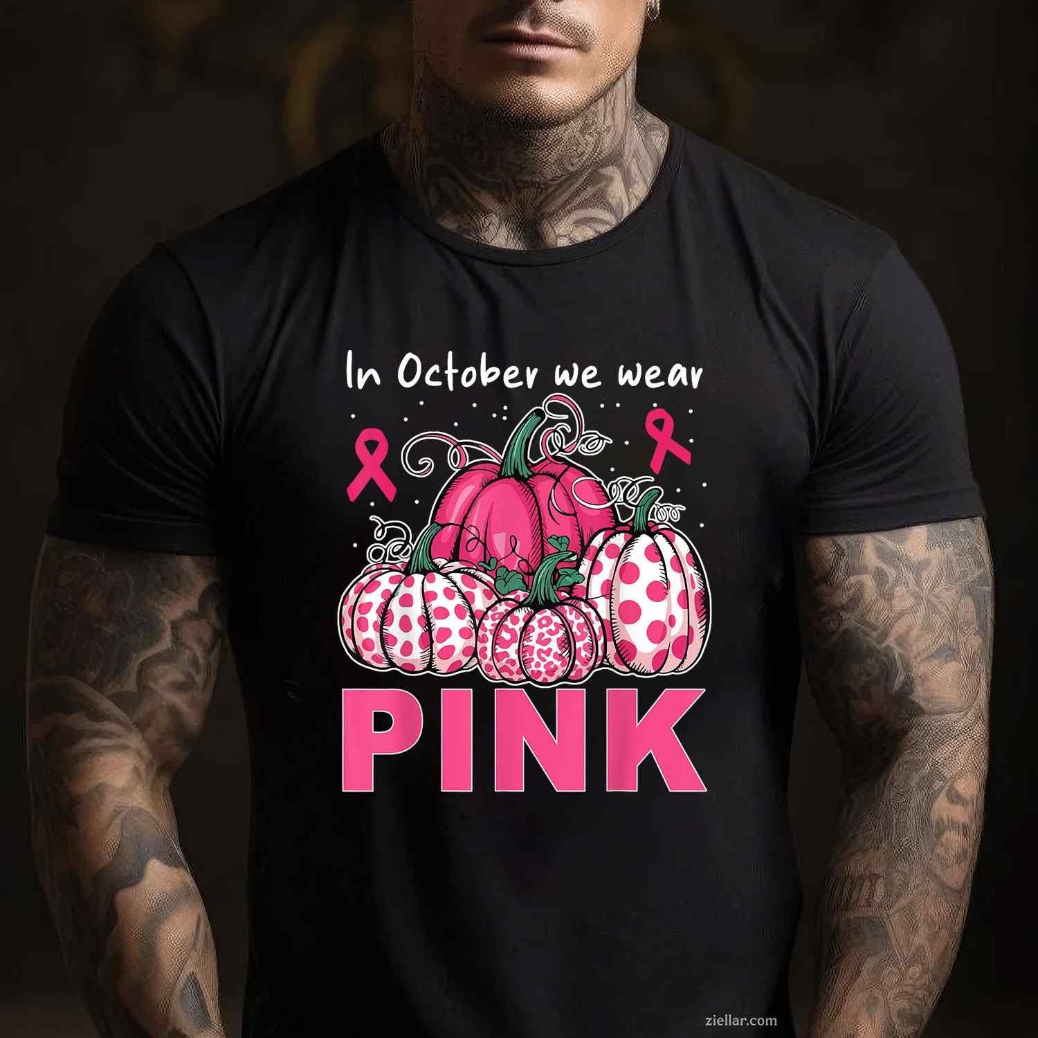 In October We Wear Pink Pumpkin Breast Cancer Awareness Funny Graphic Tee and T-Shirt Gift for Adults Men Women Unisex