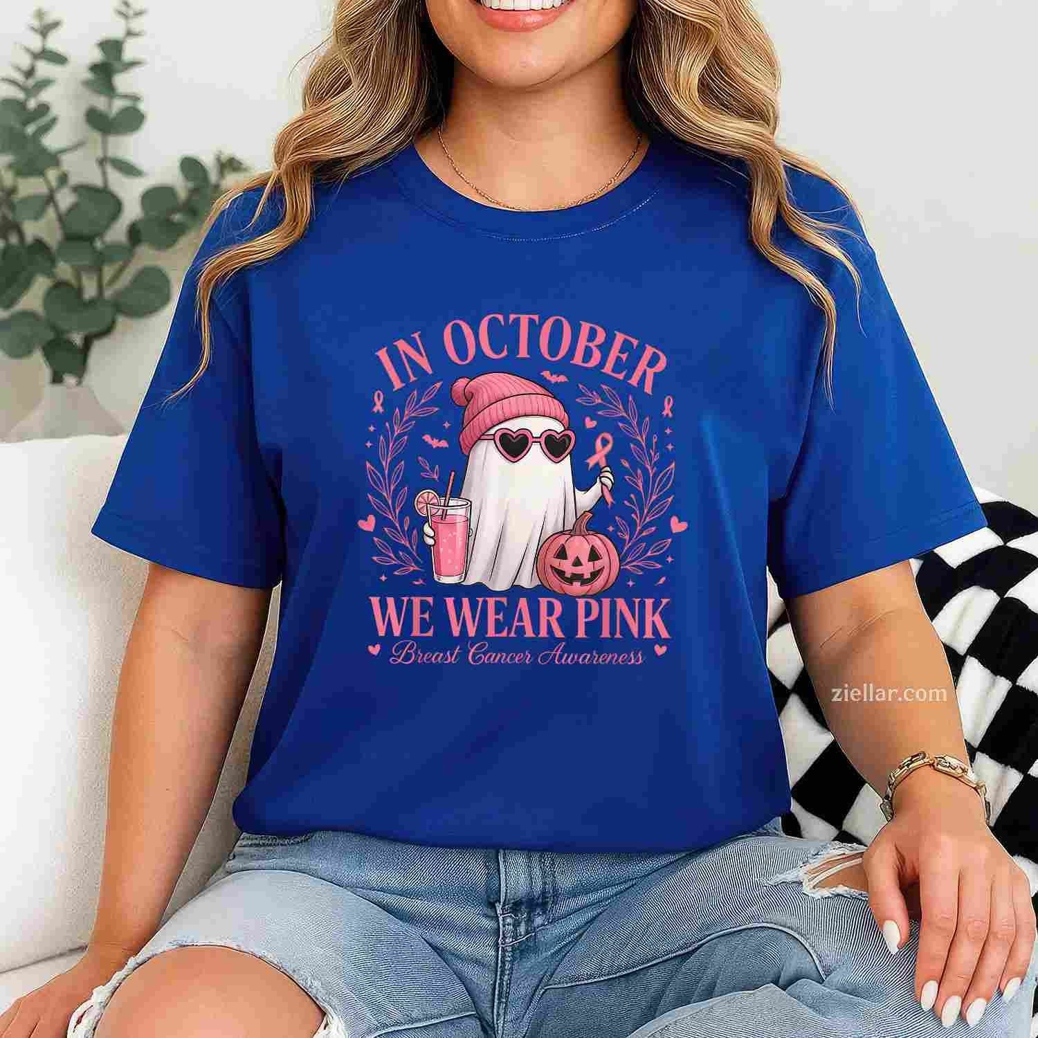 In October We Wear Pink Breast Cancer Awareness Halloween Funny Graphic Tee and T-Shirt Gift for Adults Men Women Unisex