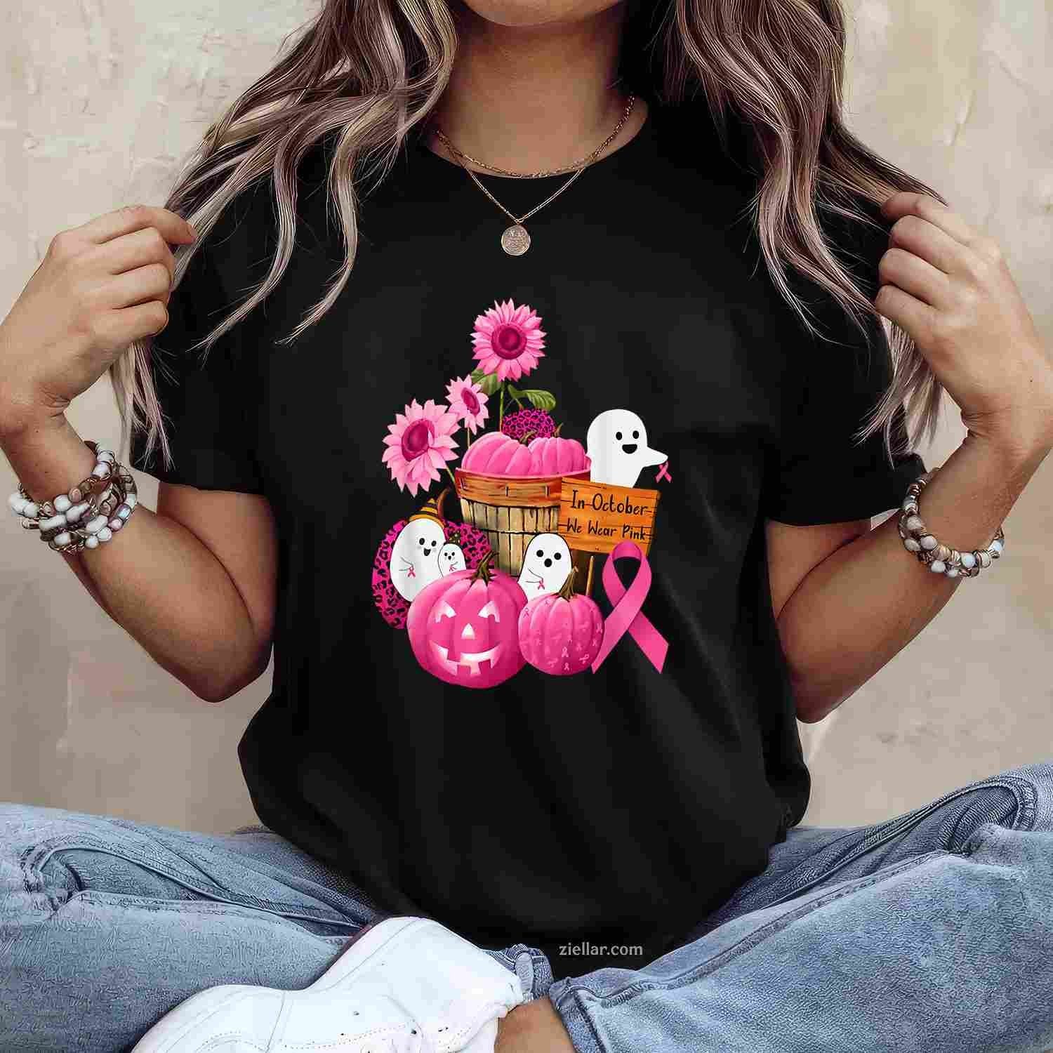 In October We Wear Pink Ghosts & Pumpkins For Breast Cancer Funny Graphic Tee and T-Shirt Gift for Adults Men Women Unisex