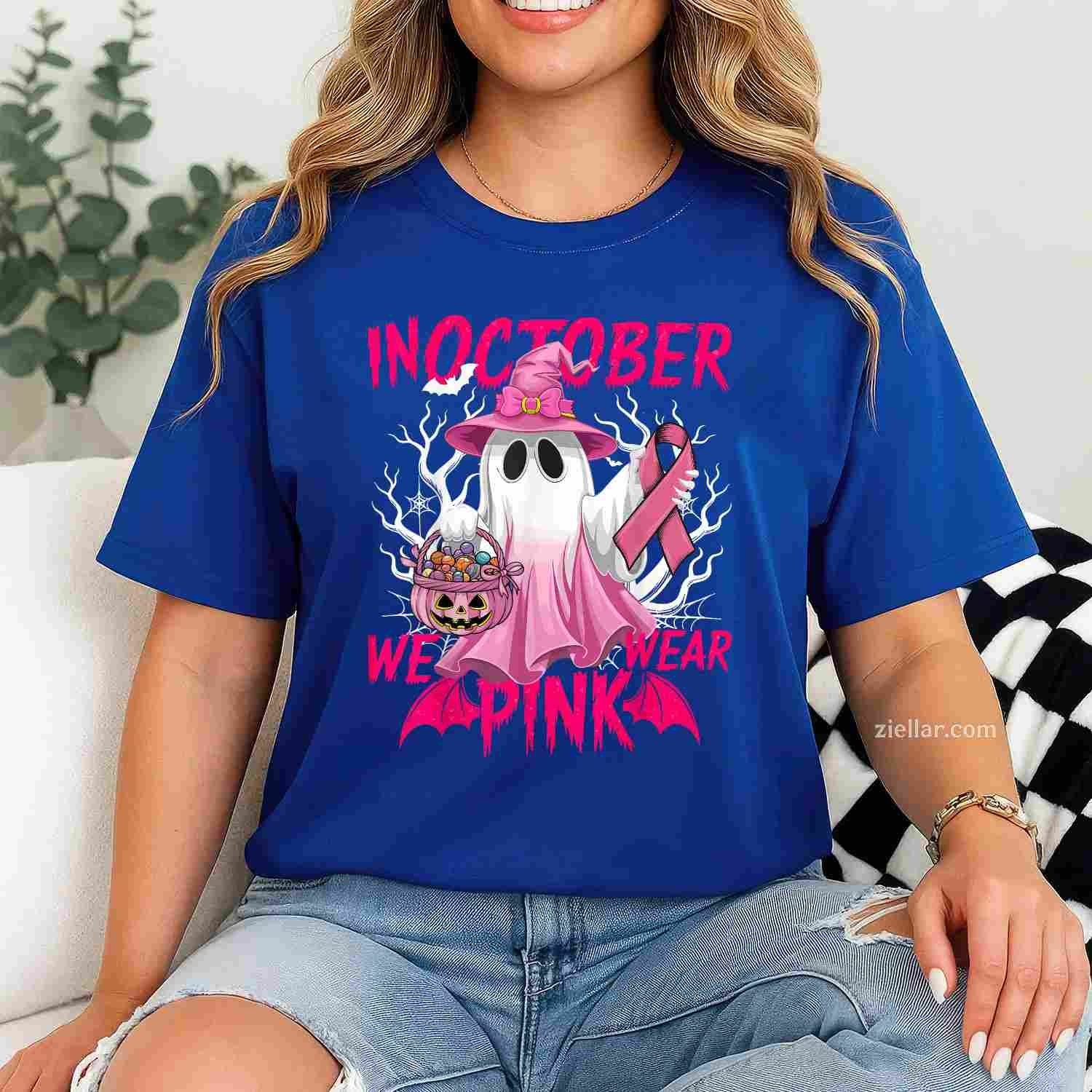 In October We Wear Pink  Breast Cancer Awareness Ghost Funny Graphic Tee and T-Shirt Gift for Adults Men Women Unisex