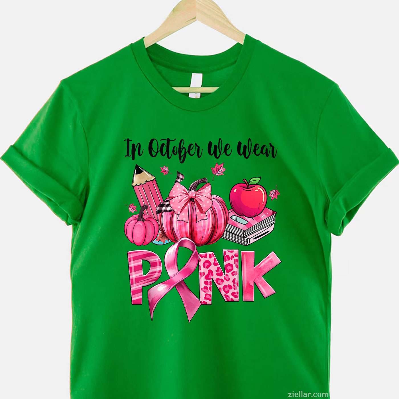 In October We Wear Pink Apple Teacher Pumpkin Breast Cancer Funny Graphic Tee and T-Shirt Gift for Adults Men Women Unisex