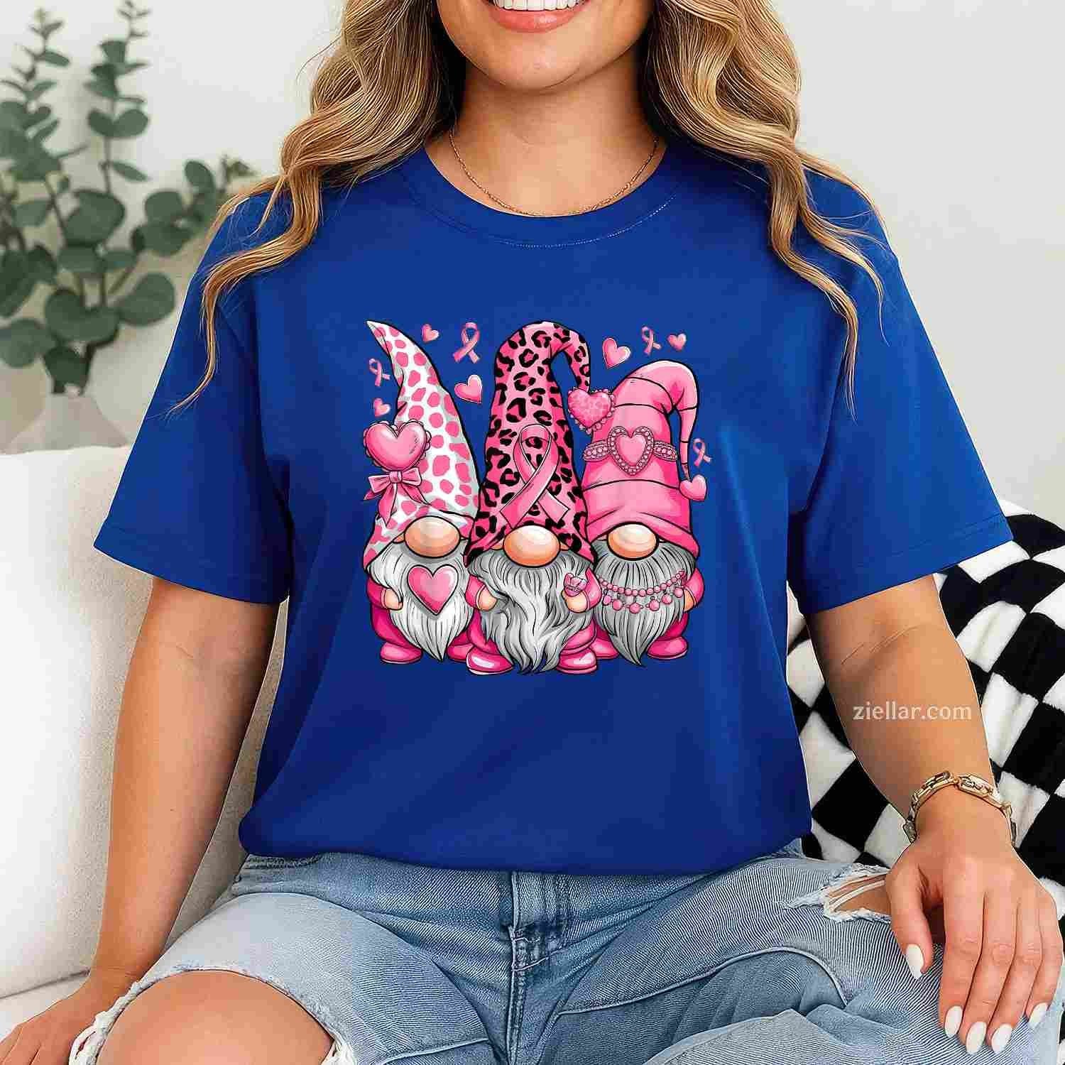 In October We Wear Pink Ribbon Gnomes Women Breast Cancer Funny Graphic Tee and T-Shirt Gift for Adults Men Women Unisex