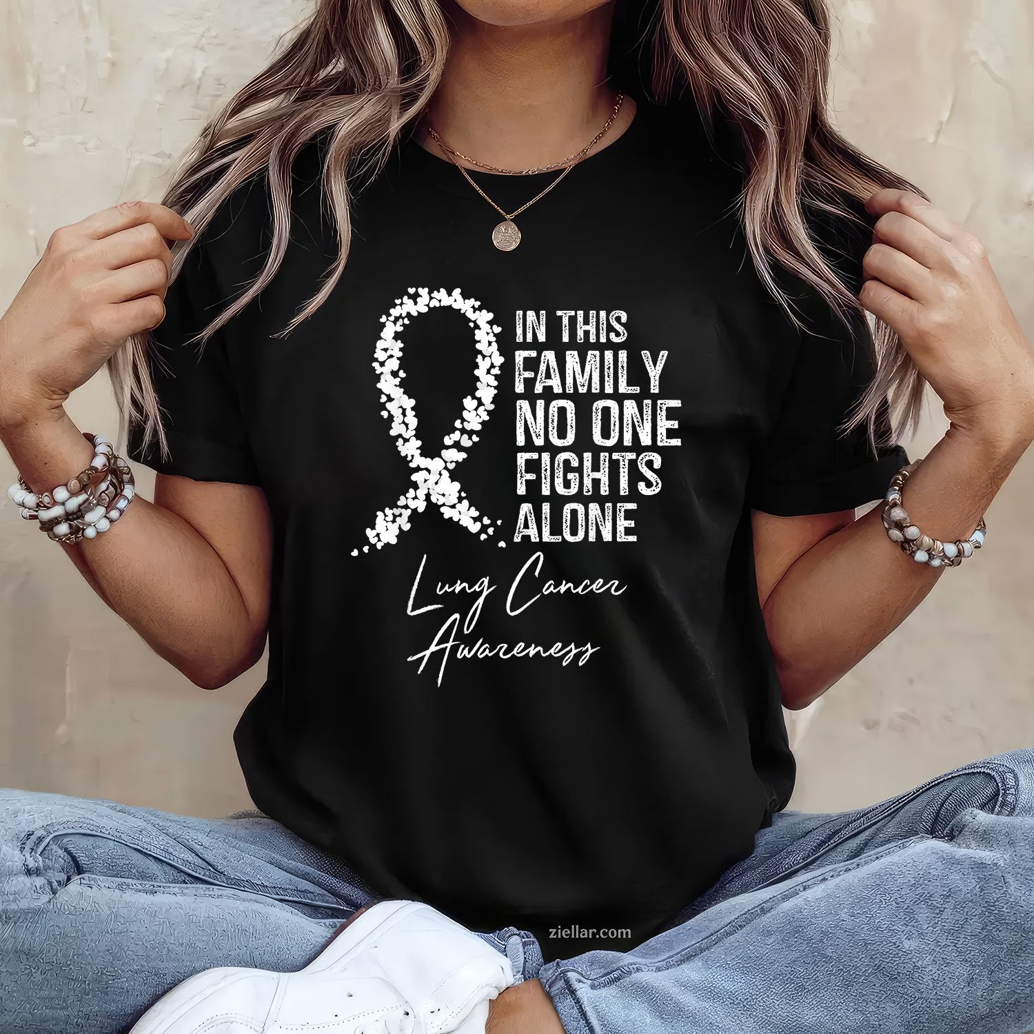 In This Family No One Fights Alone Shirt Lung Cancer Tee and T-Shirt, Lung Cancer Awareness Support T-Shirt for Men and Women Adults