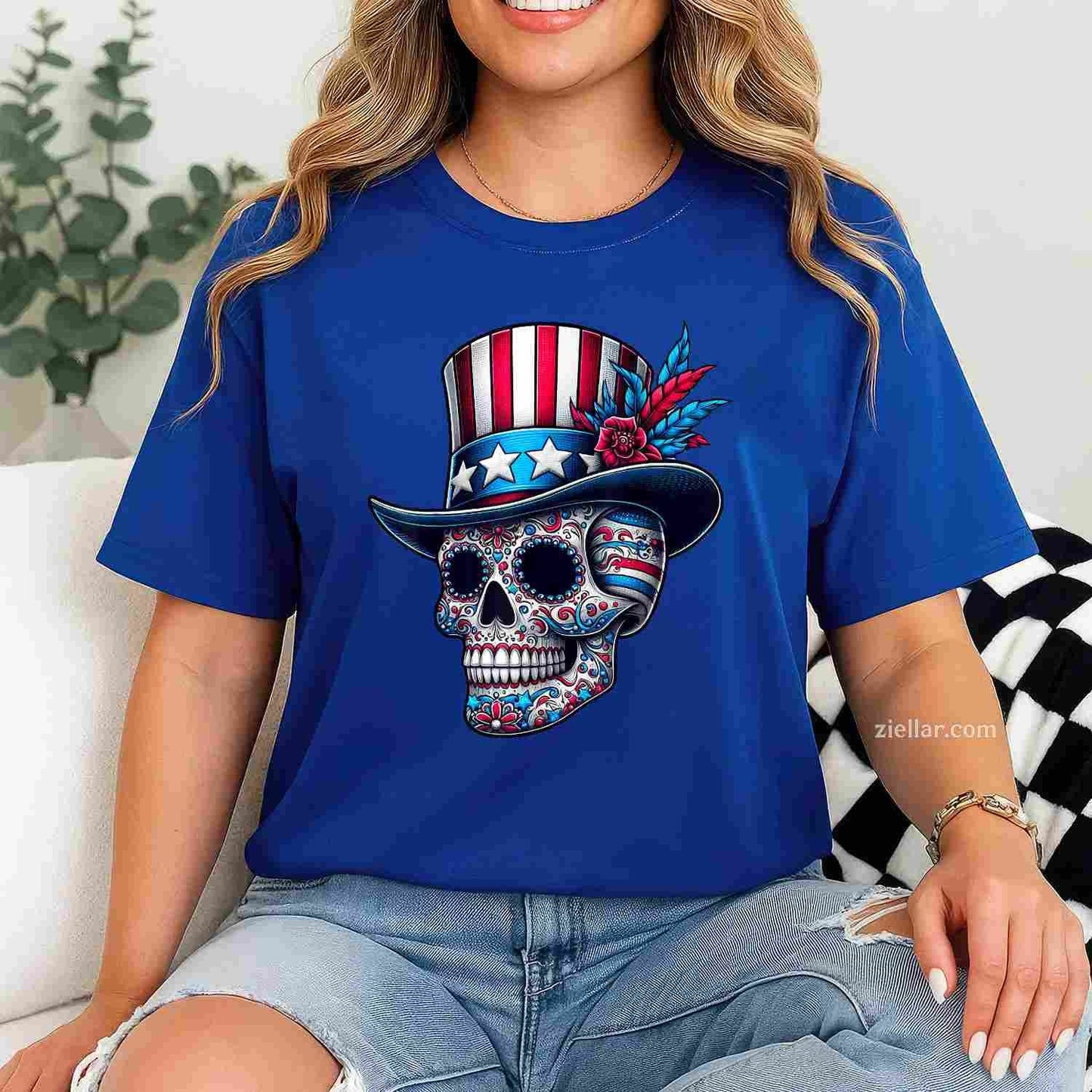 Independence Day Usa Patriot Skull 4th Of July Sugar Skull T-Shirt Tee for Men Women Adults Unisex