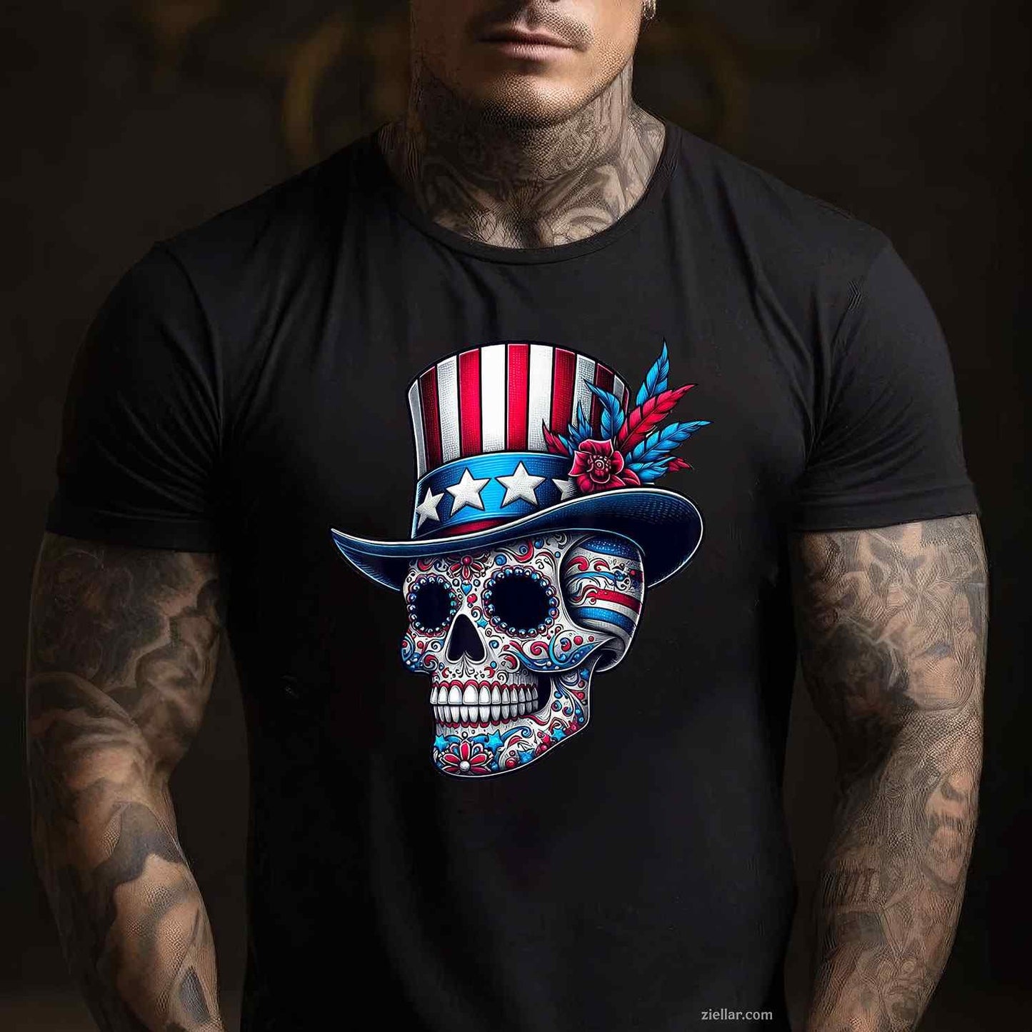Independence Day Usa Patriot Skull 4th Of July Sugar Skull T-Shirt Tee for Men Women Adults Unisex