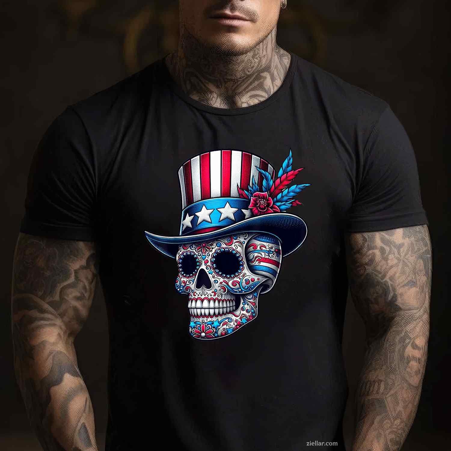 Independence Day Usa Patriot Skull 4th Of July Sugar Skull T-Shirt Tee for Men Women Adults Unisex