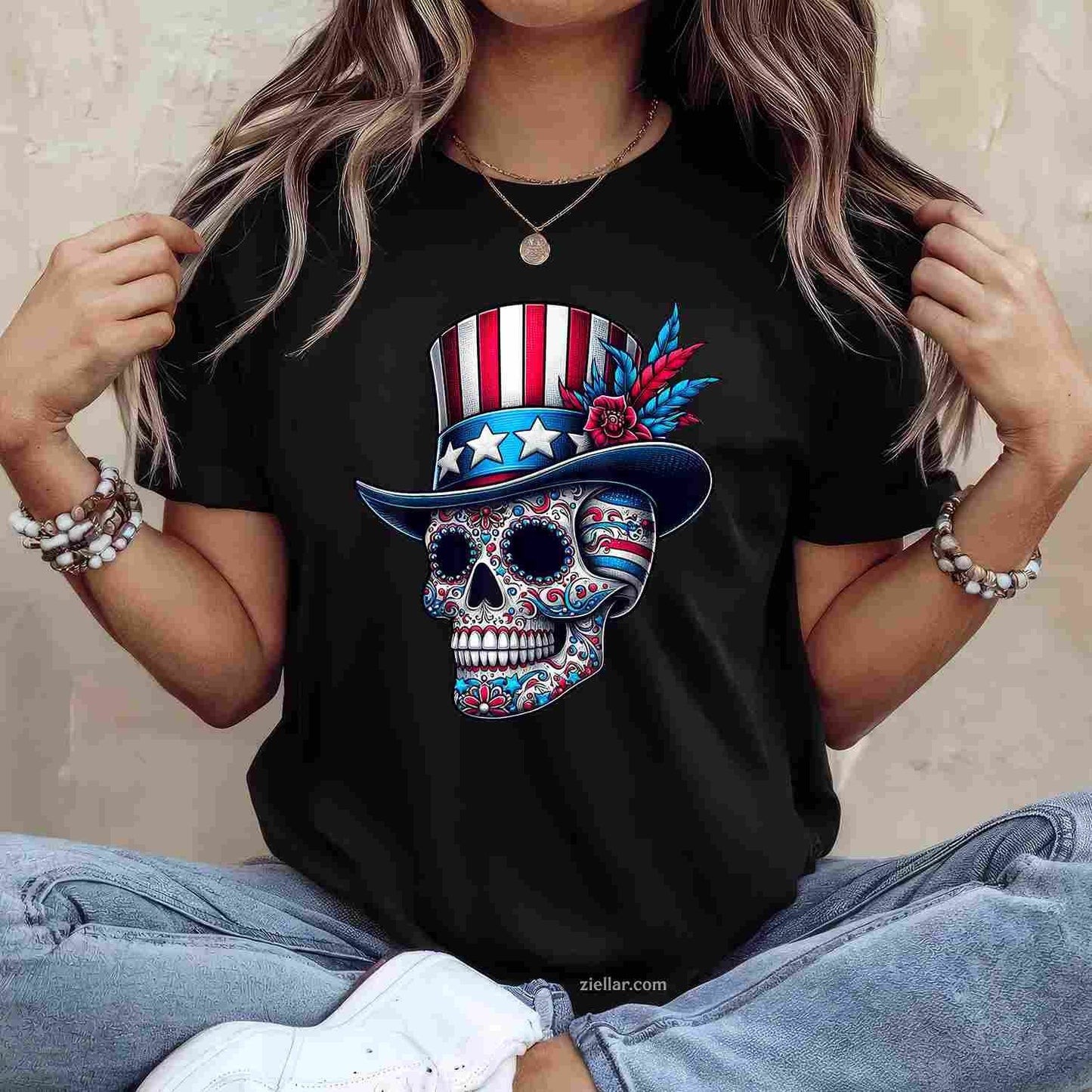 Independence Day Usa Patriot Skull 4th Of July Sugar Skull T-Shirt Tee for Men Women Adults Unisex