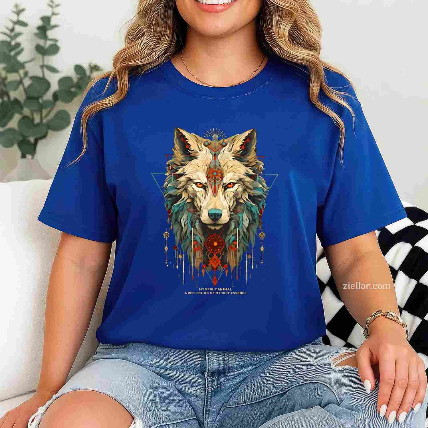 Indian Native American Woman With White Wolf Vintage Gift T-Shirt And Tee For Women