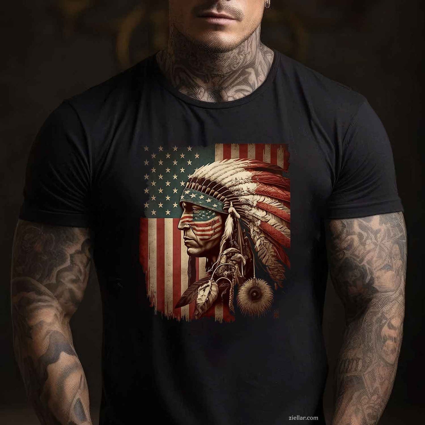 Indigenous People Tribal_ Native American Indian Chief American Usa Flag T-Shirt And Tee For Adults