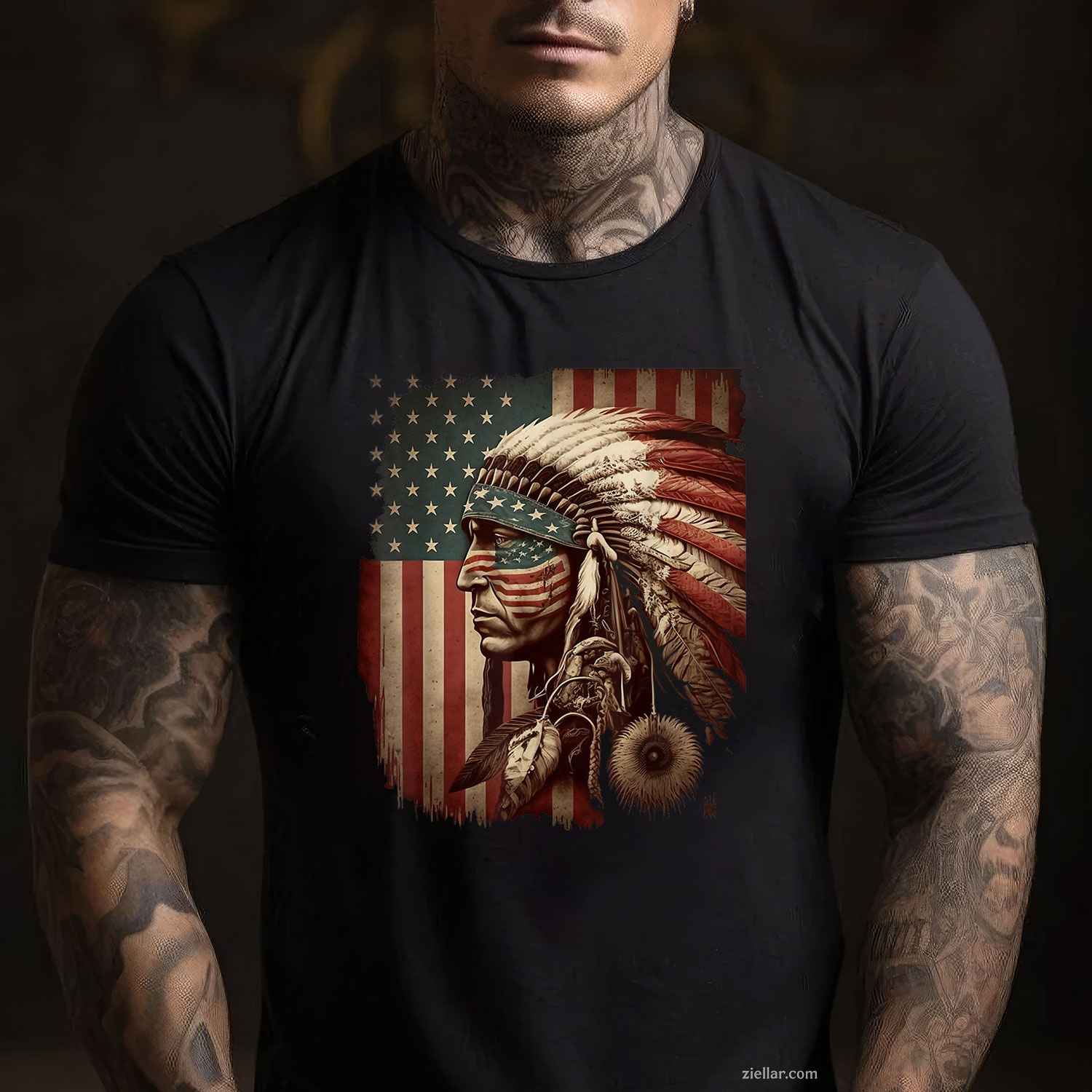 Indigenous People Tribal_ Native American Indian Chief American Usa Flag T-Shirt And Tee For Adults