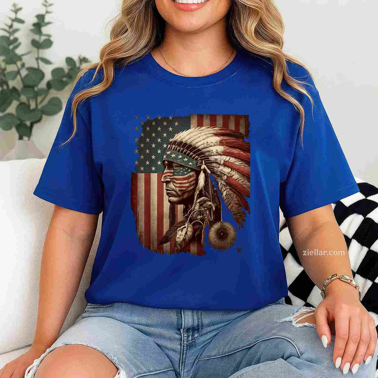 Indigenous People Tribal_ Native American Indian Chief American Usa Flag T-Shirt And Tee For Adults