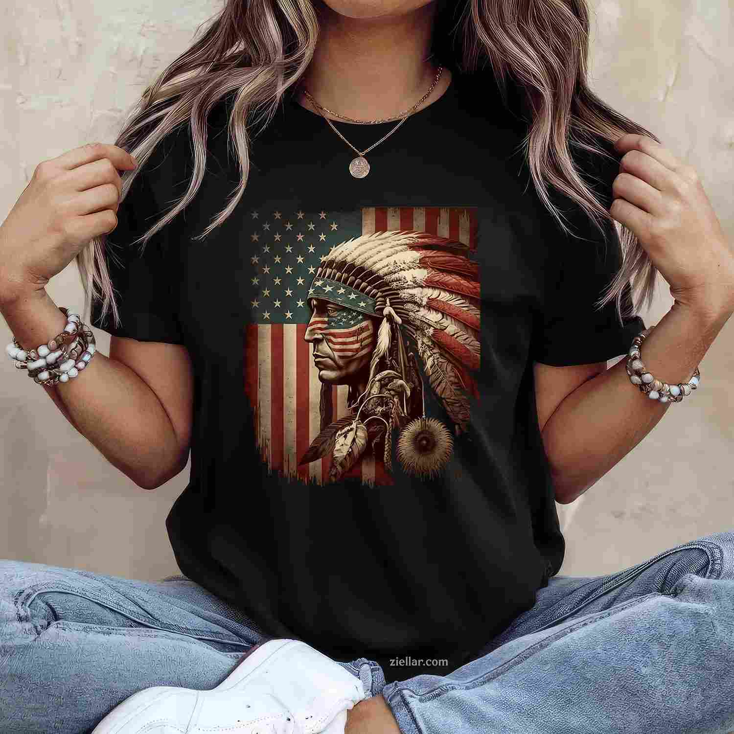 Indigenous People Tribal_ Native American Indian Chief American Usa Flag T-Shirt And Tee For Adults