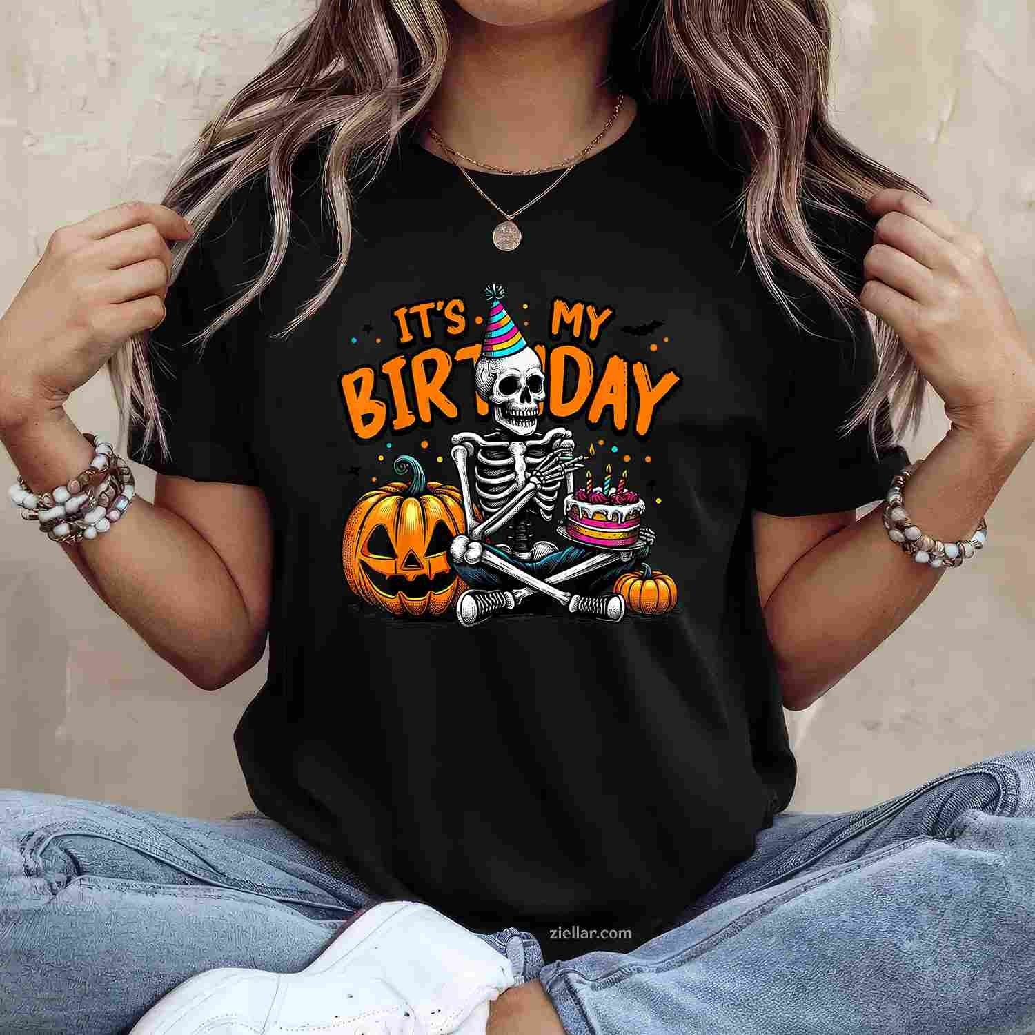 It's My Birthday Skeleton Happy Halloween Birthday Party T-Shirt and Tee for Adults Men Women Unisex