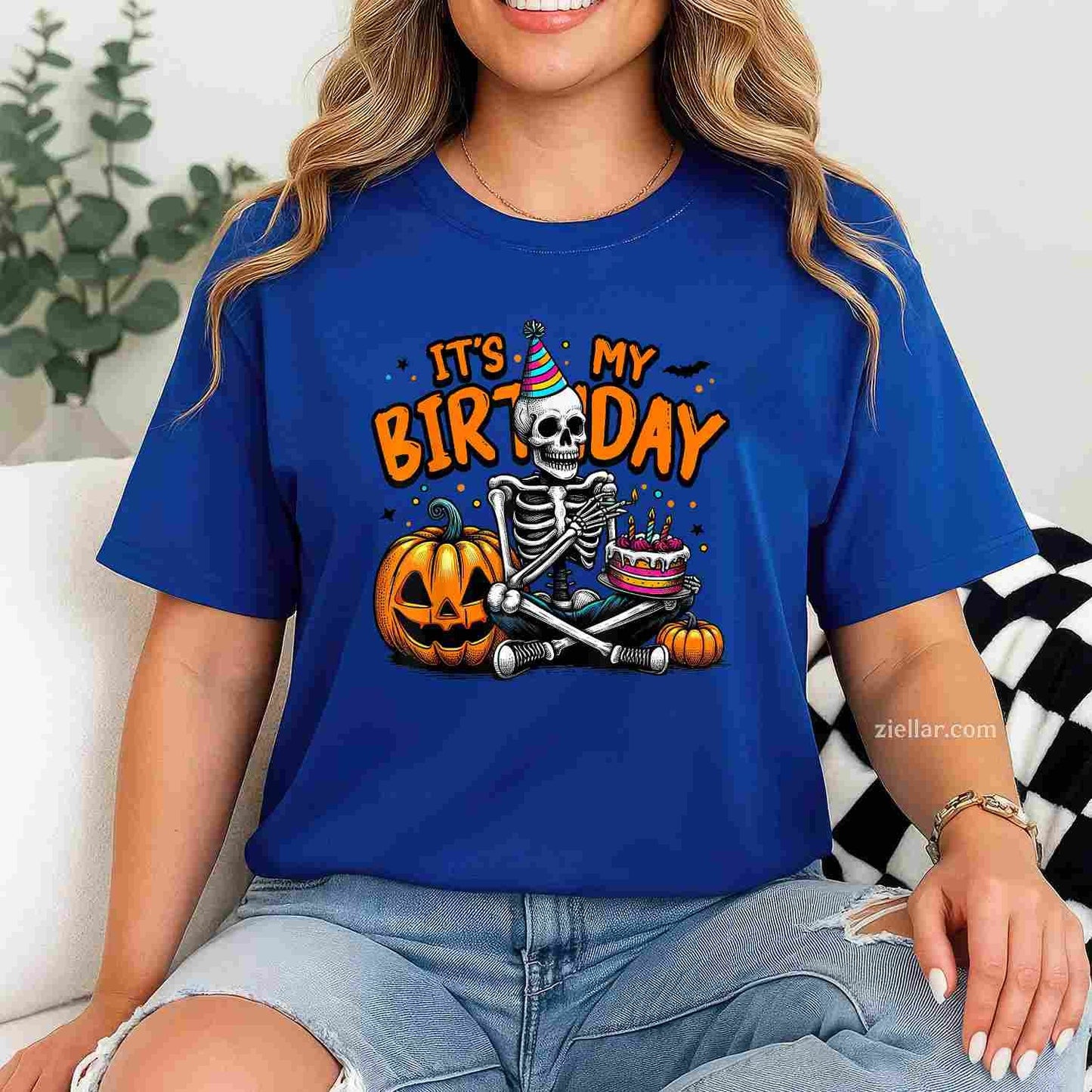 It's My Birthday Skeleton Happy Halloween Birthday Party T-Shirt and Tee for Adults Men Women Unisex
