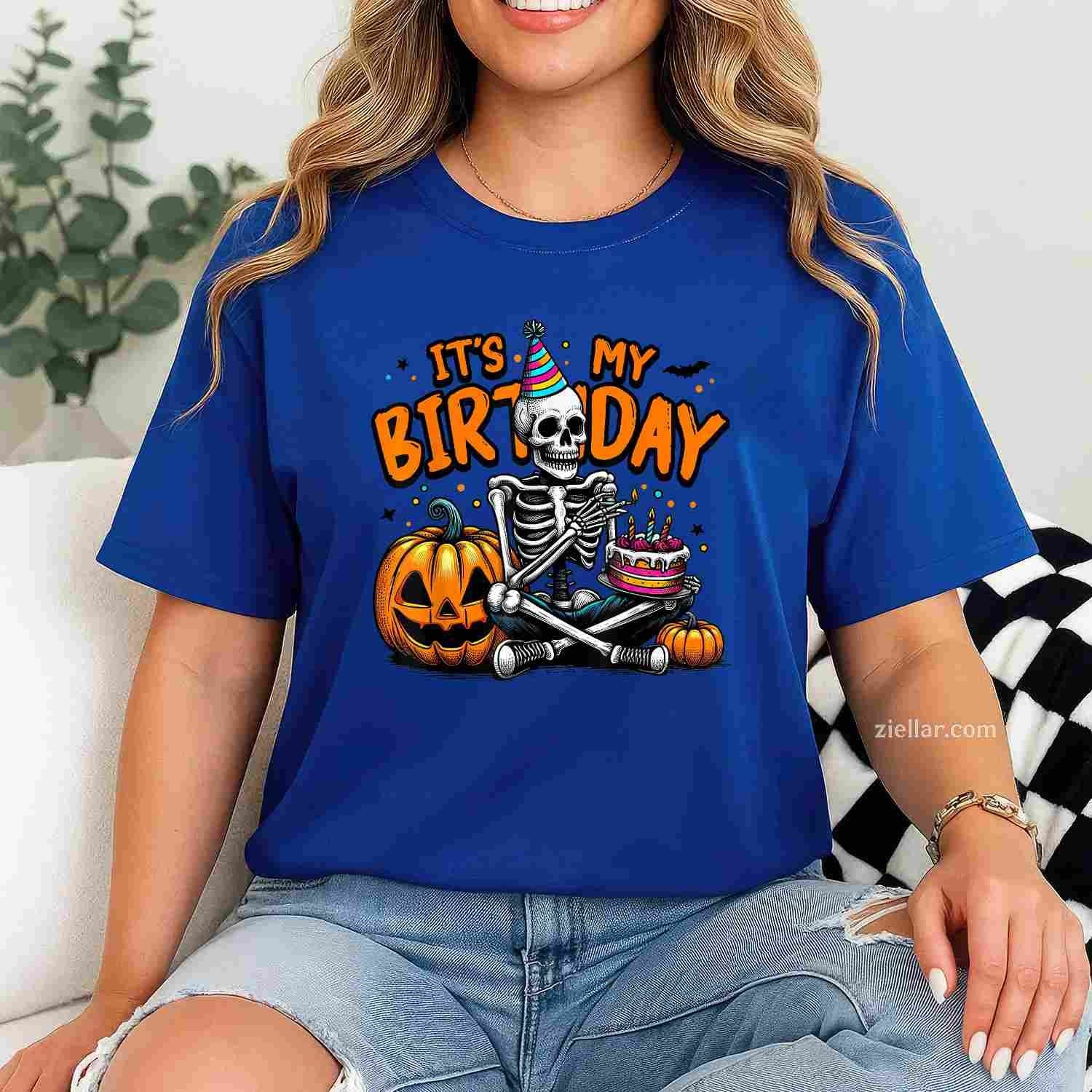It's My Birthday Skeleton Happy Halloween Birthday Party T-Shirt and Tee for Adults Men Women Unisex
