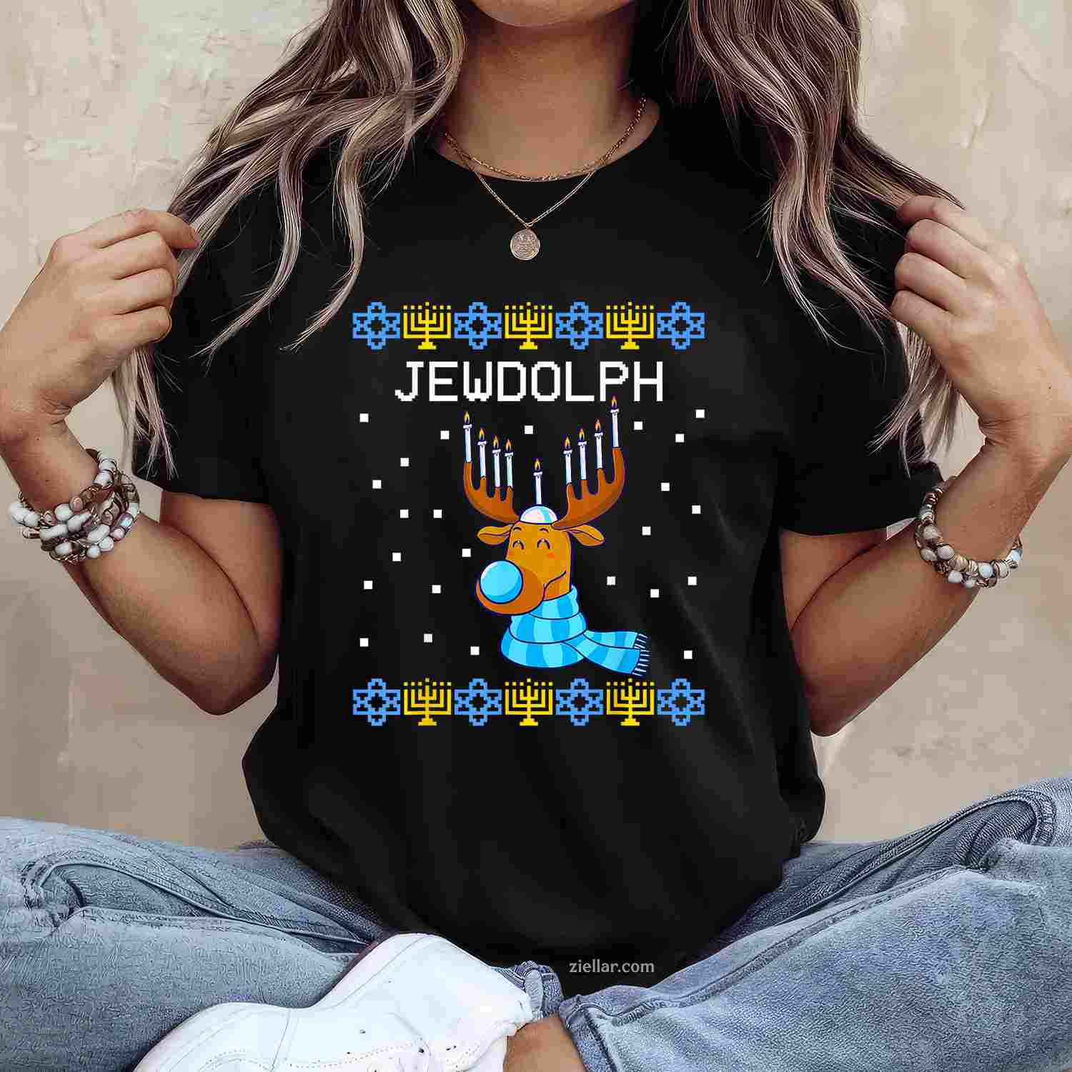 Jewdolph Ugly Hanukkah Sweater Reindeer Menorah Chanukah T-Shirt_ Humorous Holiday Party Tee For All