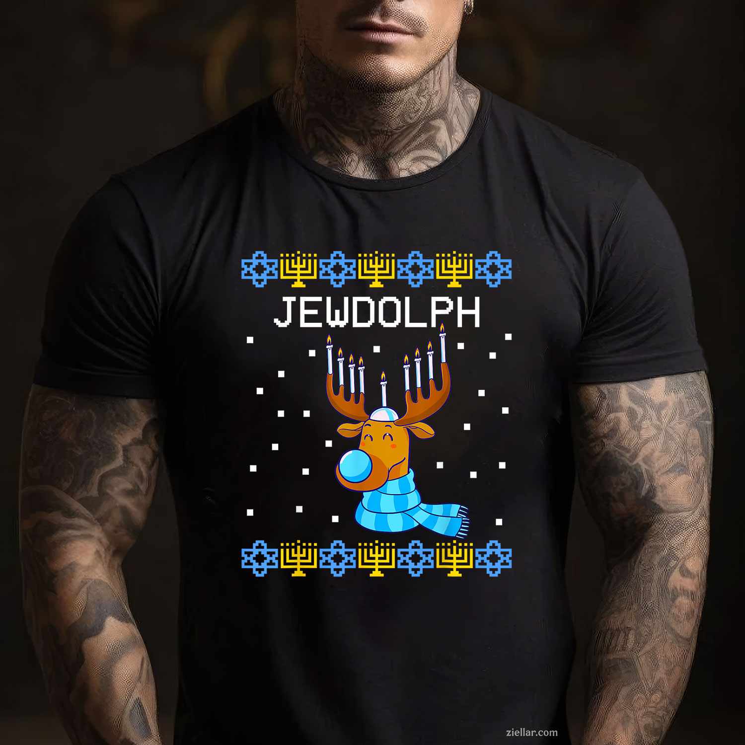 Jewdolph Ugly Hanukkah Sweater Reindeer Menorah Chanukah T-Shirt_ Humorous Holiday Party Tee For All