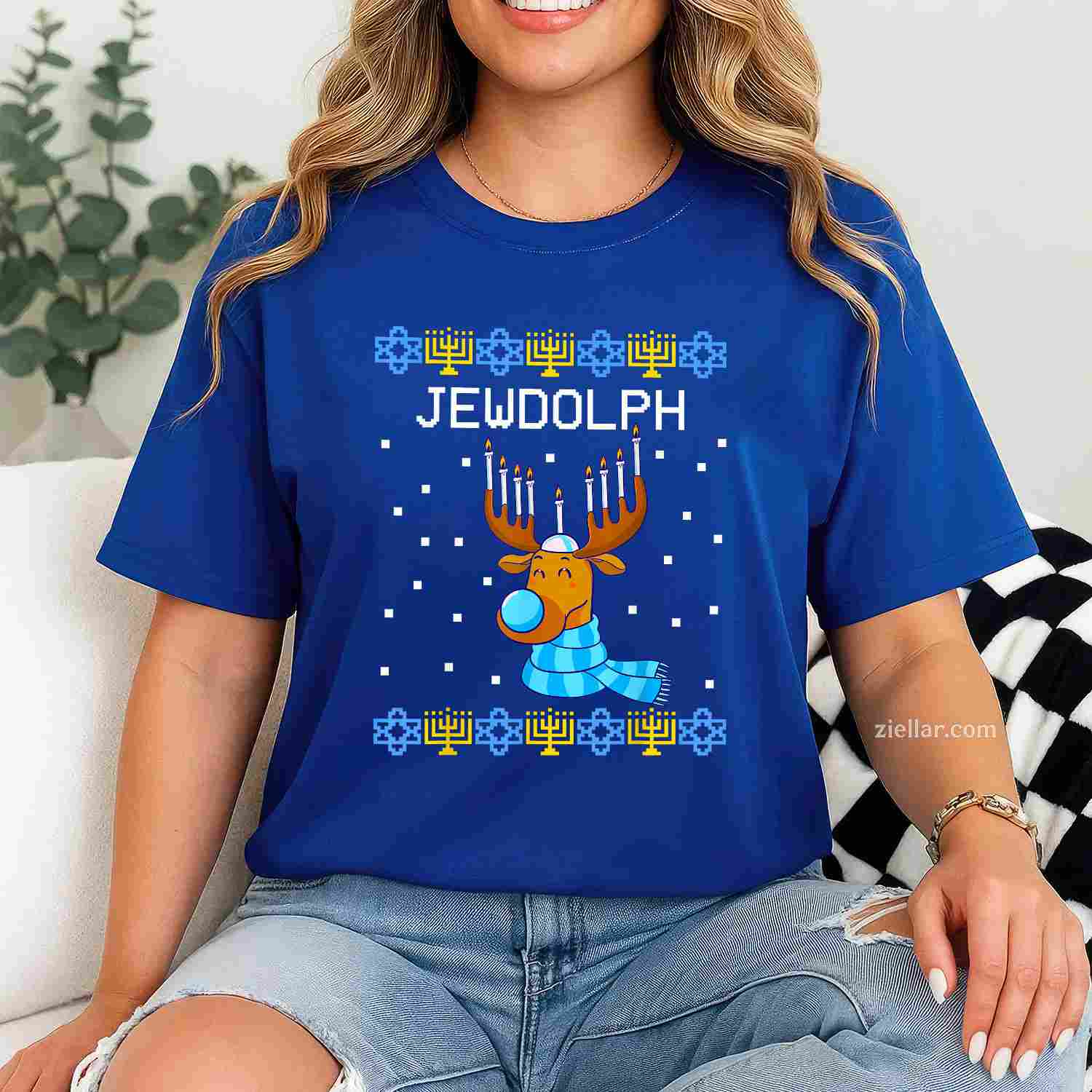 Jewdolph Ugly Hanukkah Sweater Reindeer Menorah Chanukah T-Shirt_ Humorous Holiday Party Tee For All
