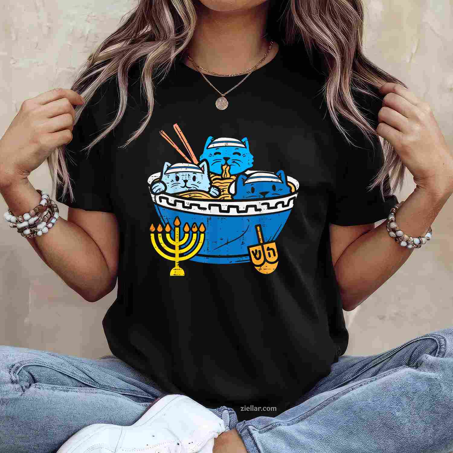 Jewish Cats Ramen Kitten Anime Hanukkah Pajamas Chanukah Pjs T-Shirt_ Funny Pajama Tee For All